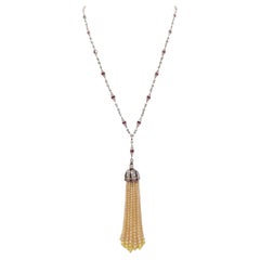 14K White Gold Ruby, Diamond, and Pearl Tassel Necklace