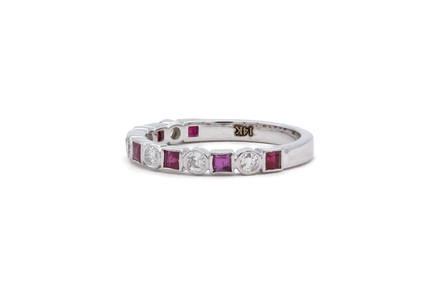 Contemporary 14k White Gold Ruby & Diamond Fashion Stacking Ring For Sale