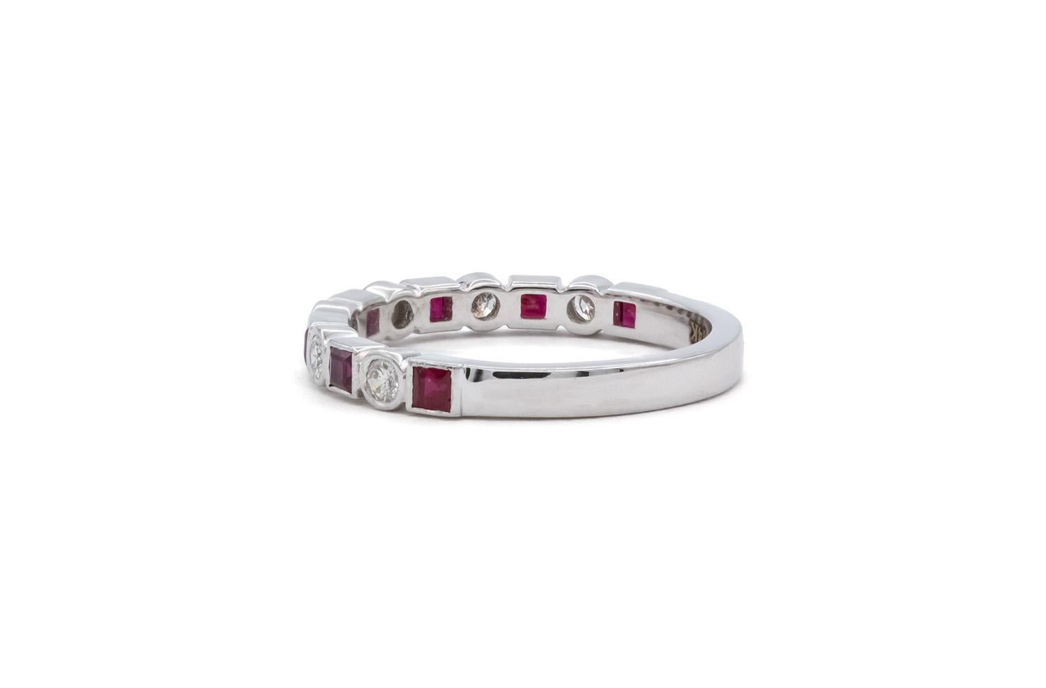 Round Cut 14k White Gold Ruby & Diamond Fashion Stacking Ring For Sale