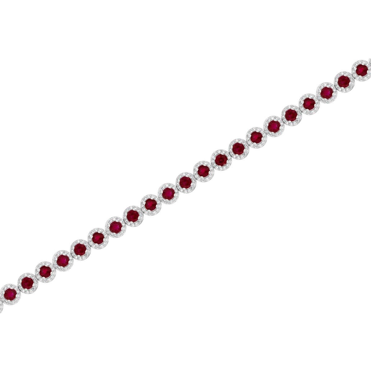 Taille ronde Bracelet en or blanc 14 carats avec halo de rubis et diamants, 13 carats tw en vente