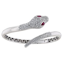 14K White Gold Ruby Diamond Snake Bangle, 3.83ct