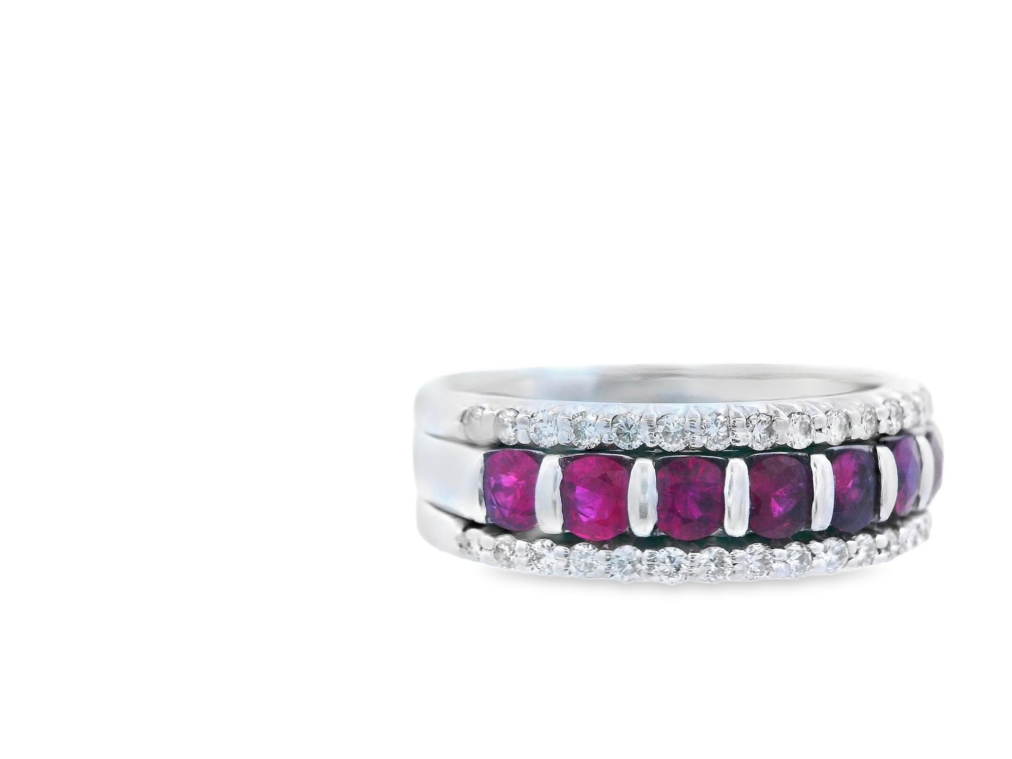 Round Cut 14k White Gold Ruby & Diamond Stacking Band For Sale