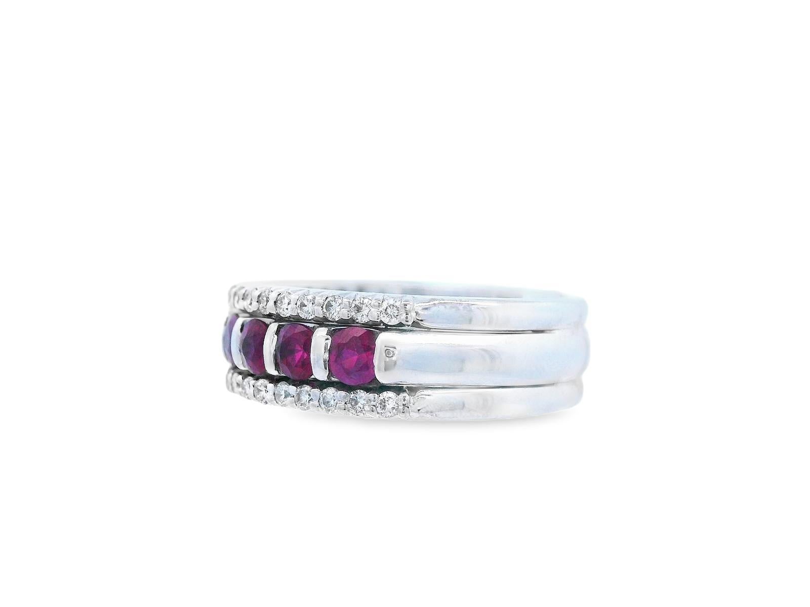 14k White Gold Ruby & Diamond Stacking Band For Sale 1