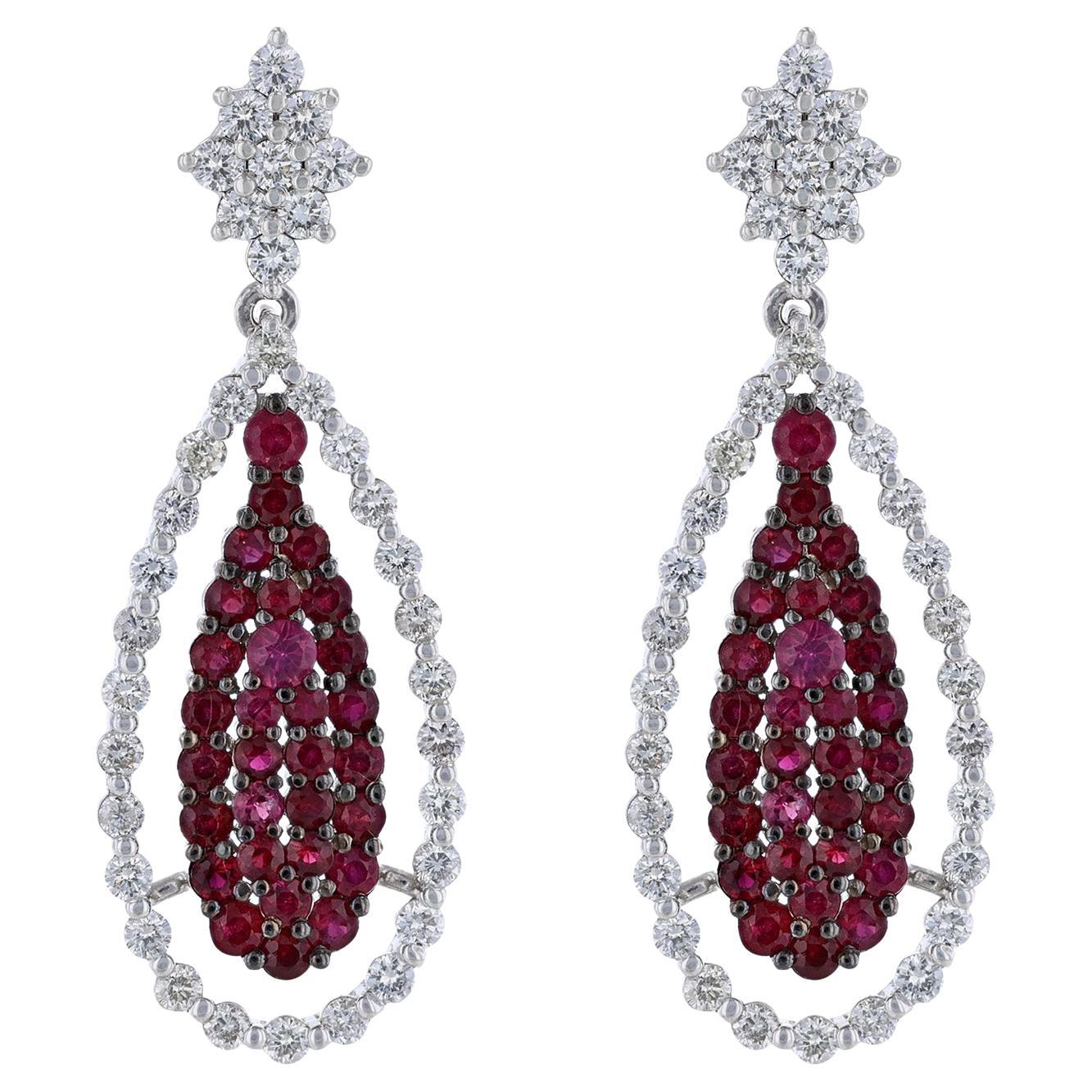 14K White Gold Ruby Diamond Teardrop Earrings, 4.40ct For Sale