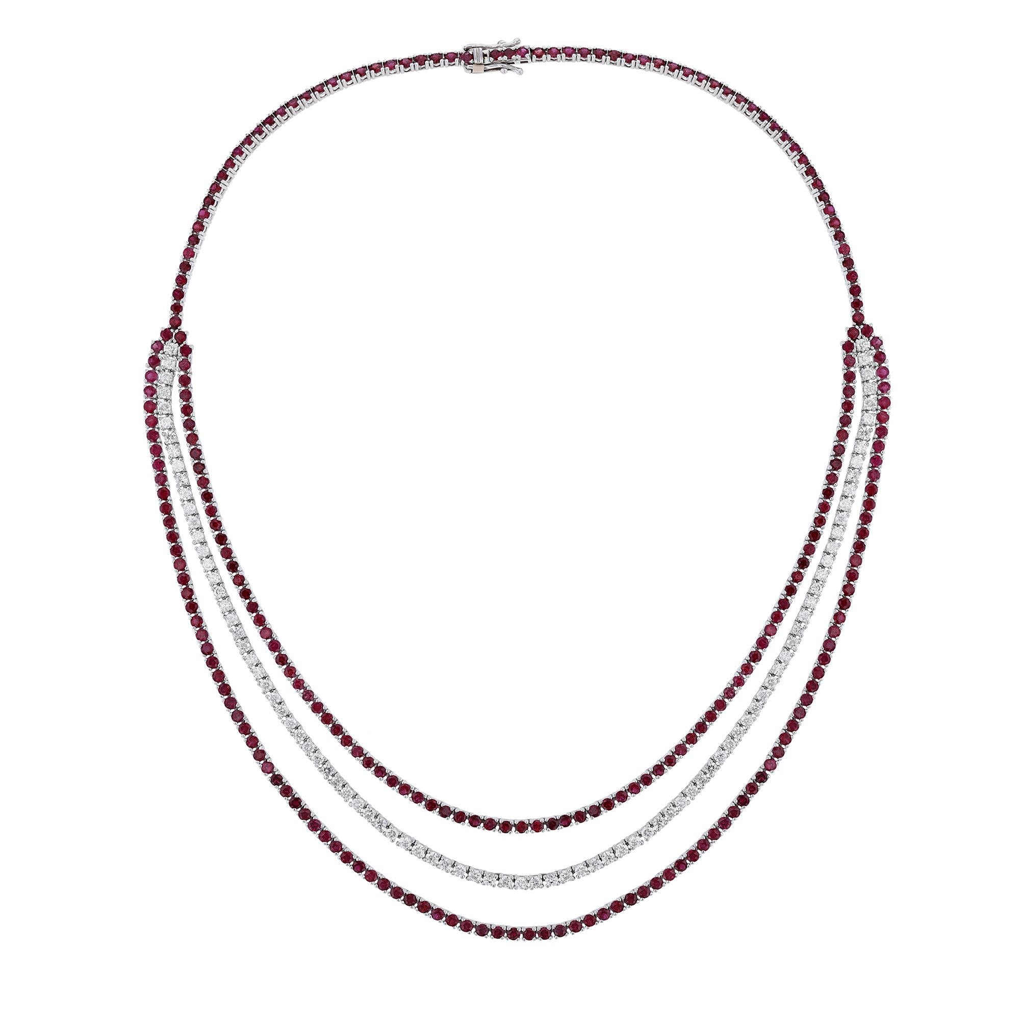 This necklace is made in 14K white gold. It features 263 rubies weighing 17.61 carats. As well as 92 diamonds 4.98 carats. Necklace has a color grade (H). and clarity grade (SI2). All stones are prong set