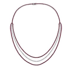 14K White Gold Ruby Diamond Triple Strand Necklace