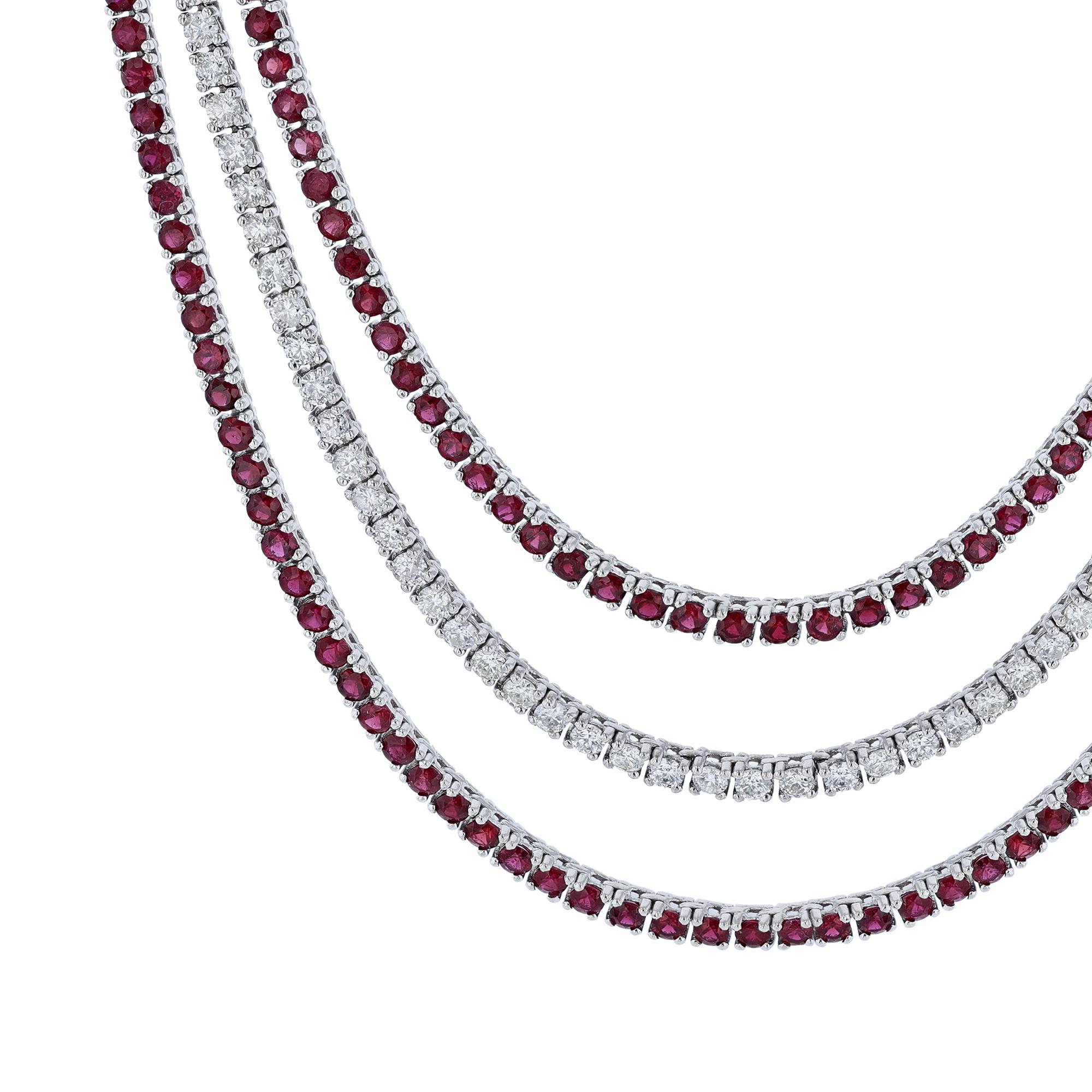 Contemporary 14K White Gold Ruby Diamond Triple Strand Necklace For Sale