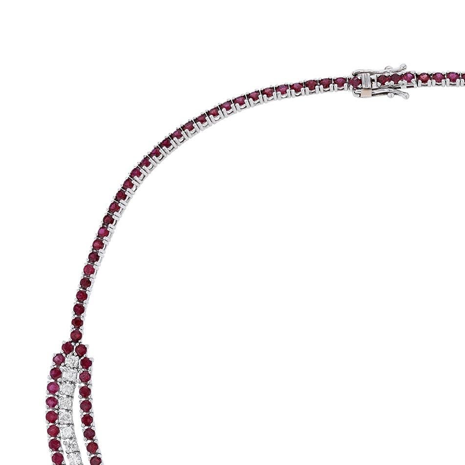 Round Cut 14K White Gold Ruby Diamond Triple Strand Necklace For Sale