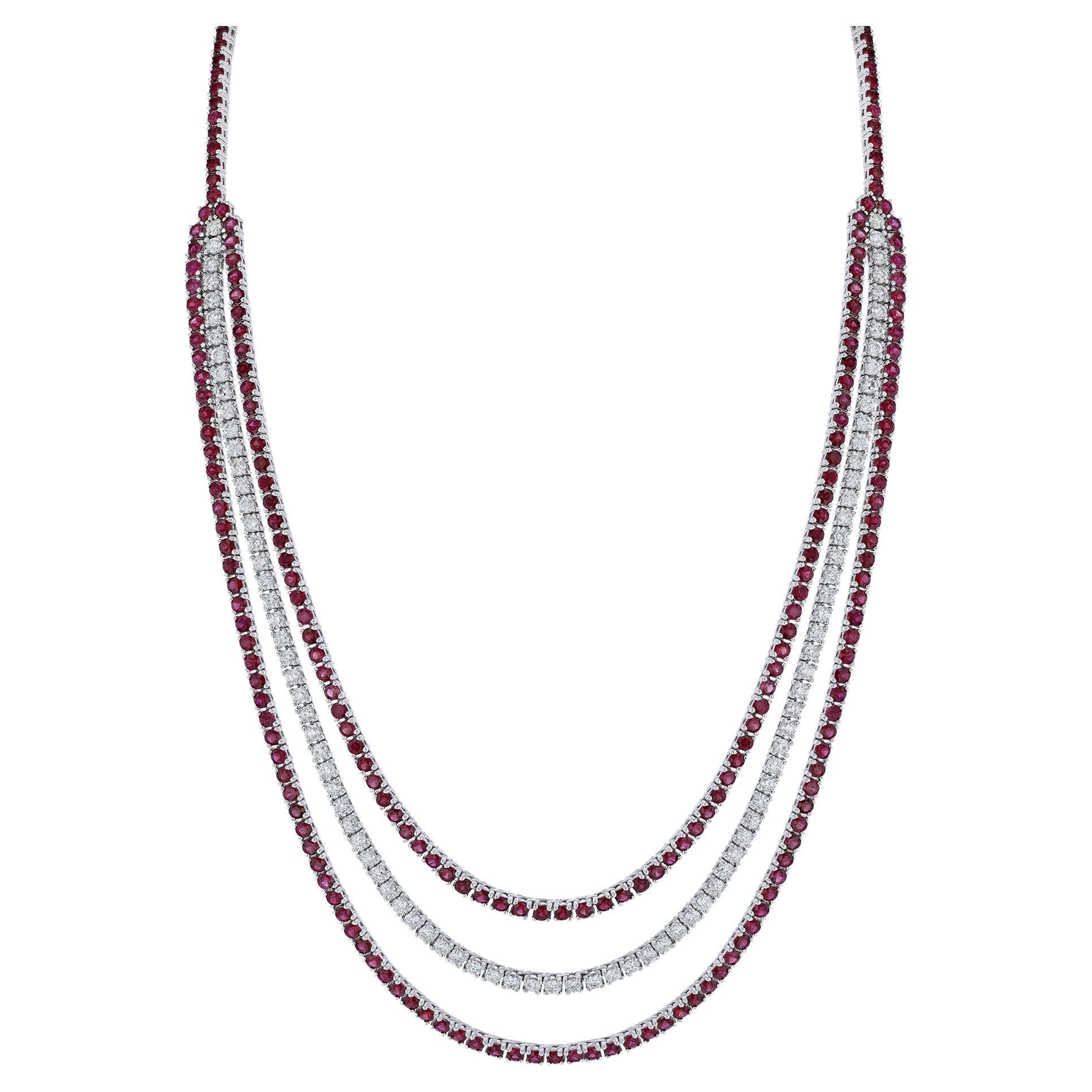 14K White Gold Ruby Diamond Triple Strand Necklace For Sale