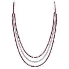 14K White Gold Ruby Diamond Triple Strand Necklace