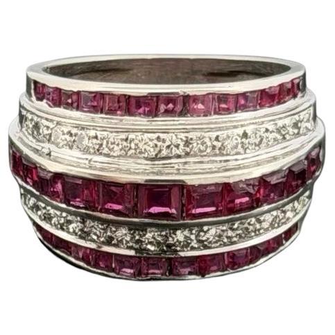 14K White Gold Ruby & Diamond Wide Band Ring Natural Square Rubies Size 7