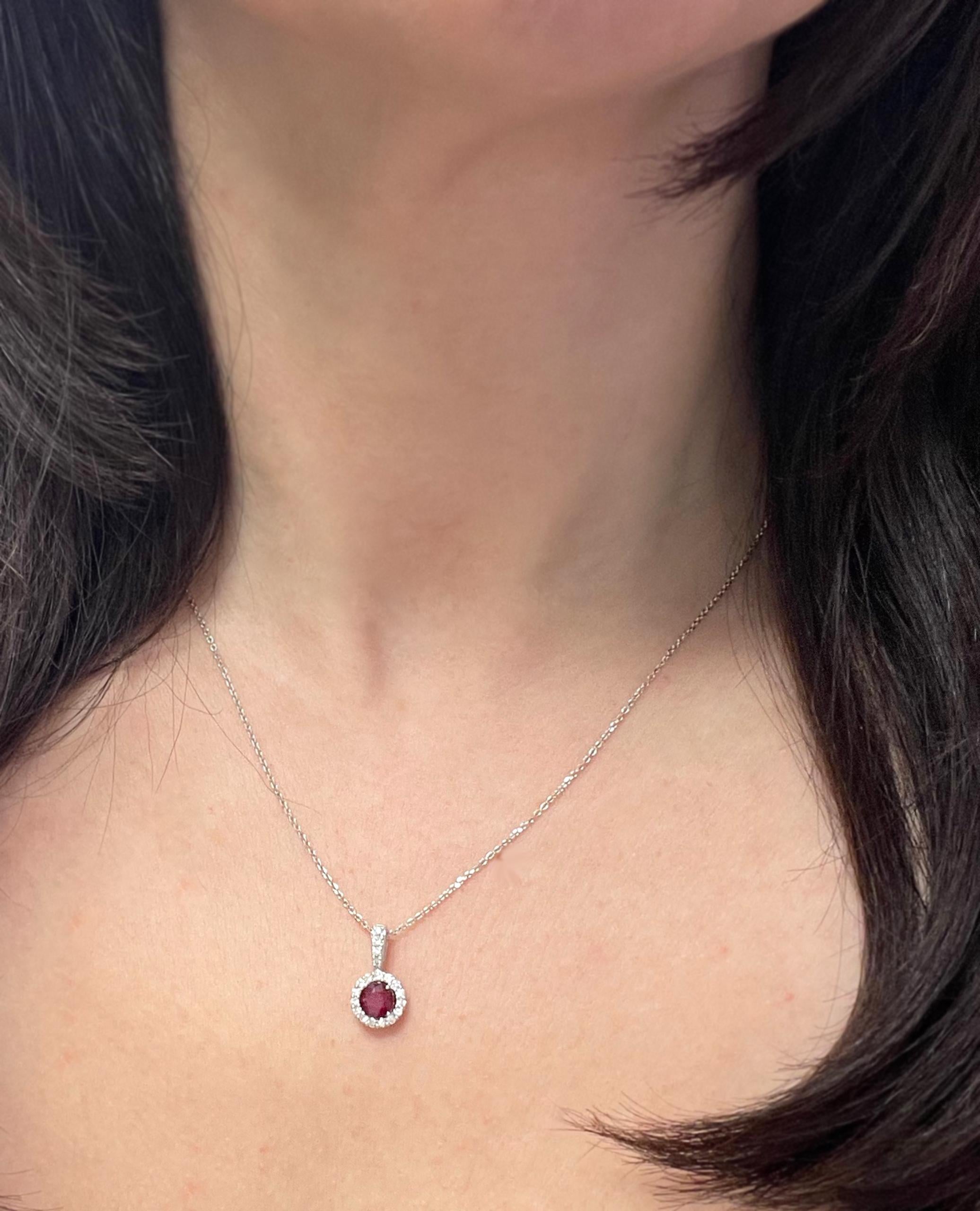 Contemporary 14K White Gold Ruby Halo Pendant Necklace For Sale