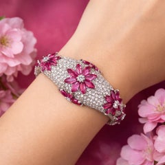 Bracelet fleur en or blanc 14k rubis et diamant blanc