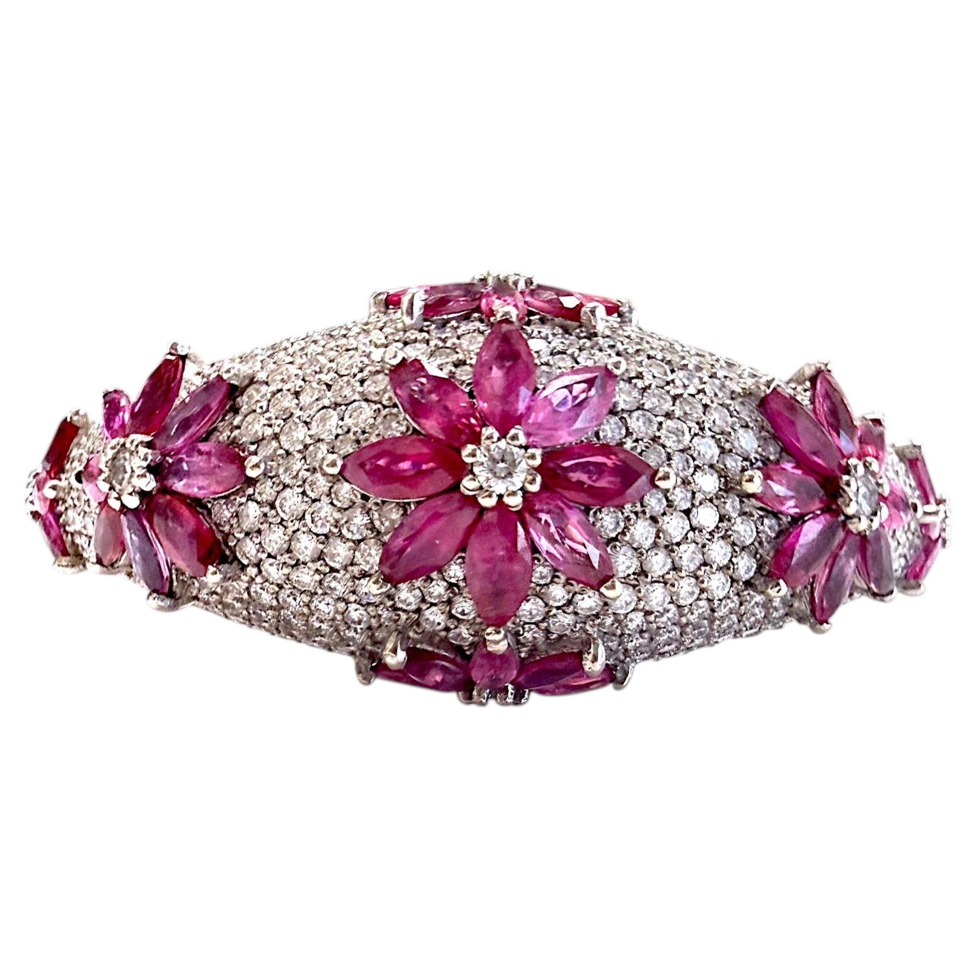 14k White Gold Ruby & White Diamond Flower Bangle