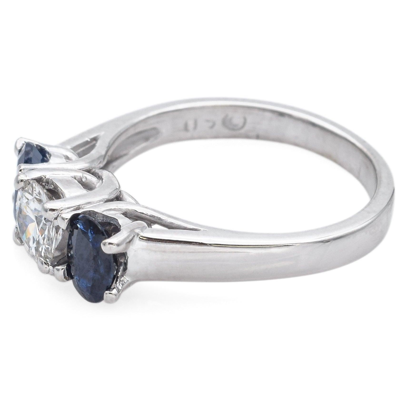 Round Cut 14K White Gold Sapphire & 0.65 Ct Diamond Three-Stone Band Ring For Sale