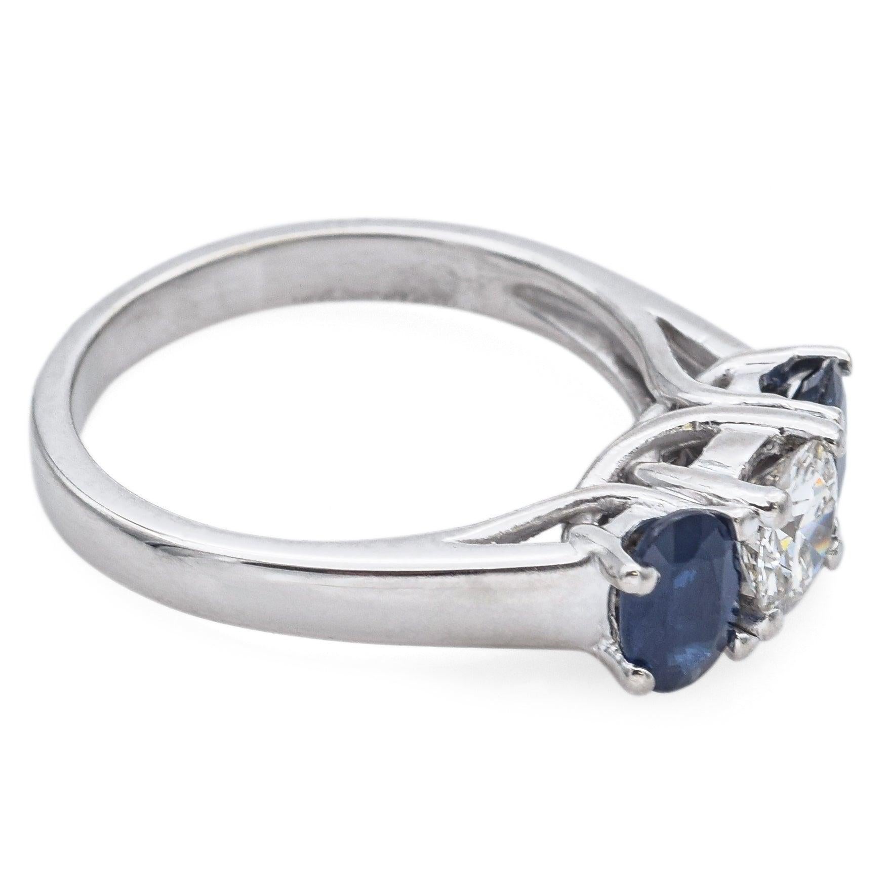 14K White Gold Sapphire & 0.65 Ct Diamond Three-Stone Band Ring In Good Condition For Sale In New York, NY