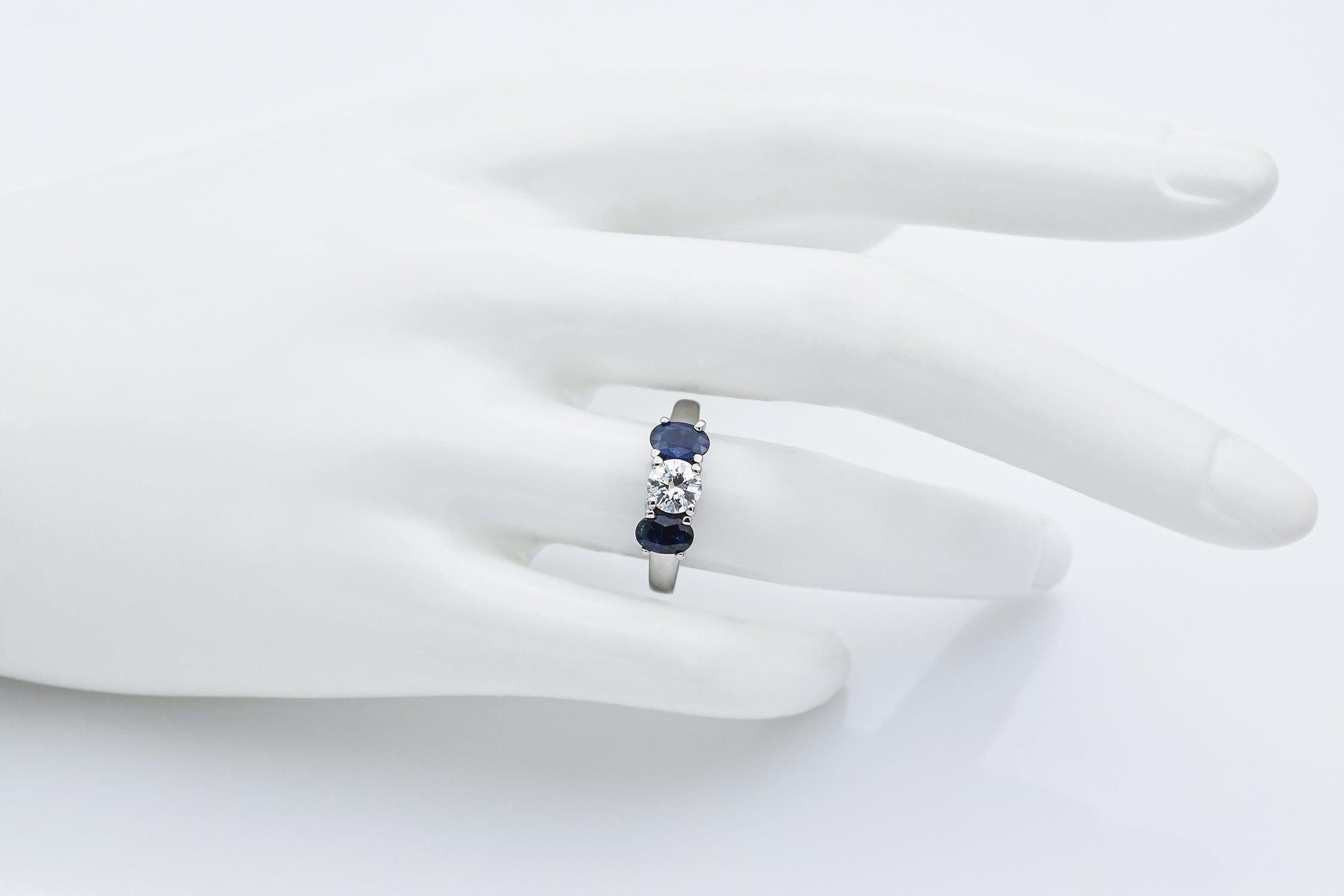 14K White Gold Sapphire & 0.65 Ct Diamond Three-Stone Band Ring For Sale 1