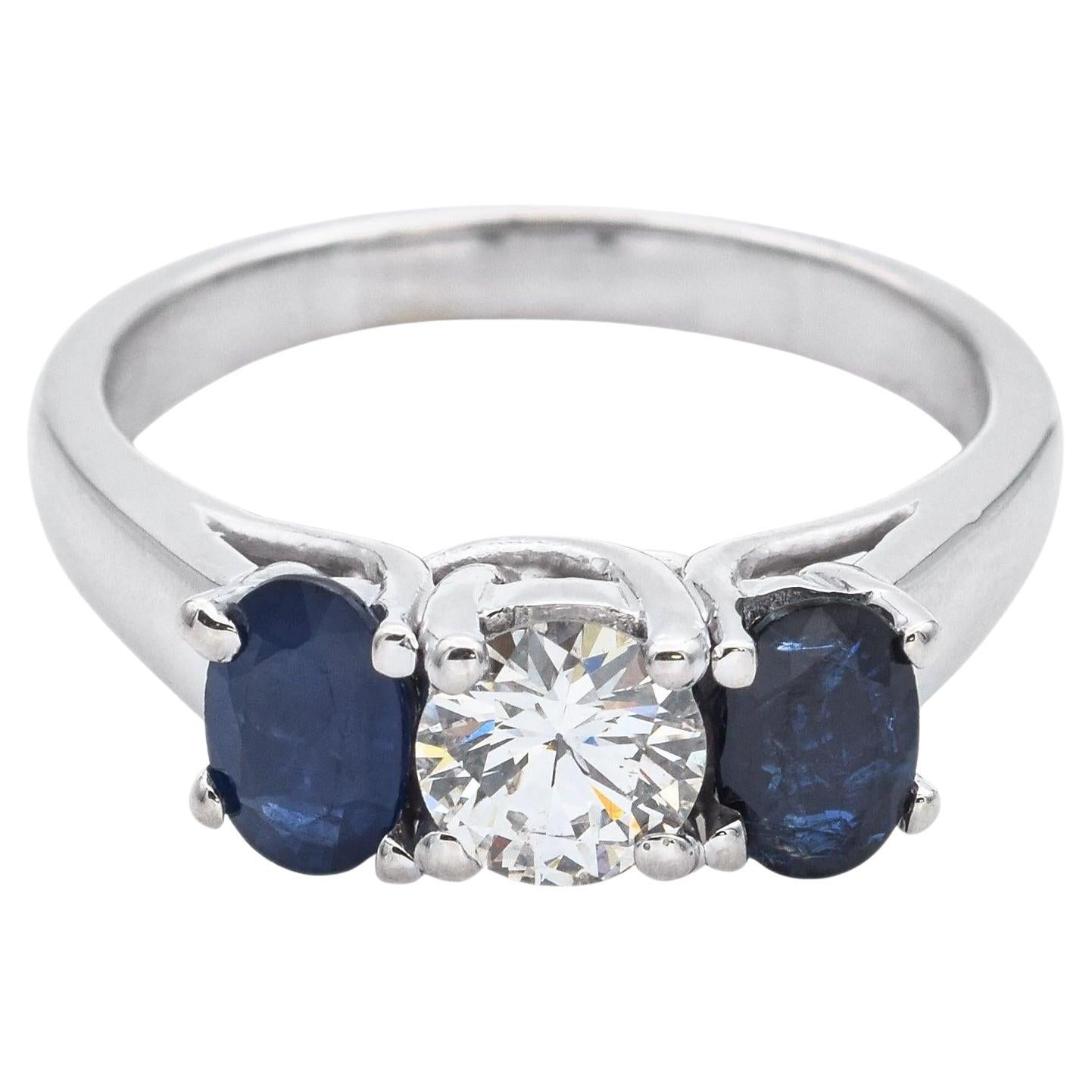 14K White Gold Sapphire & 0.65 Ct Diamond Three-Stone Band Ring