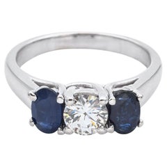 14K White Gold Sapphire & 0.65 Ct Diamond Three-Stone Band Ring