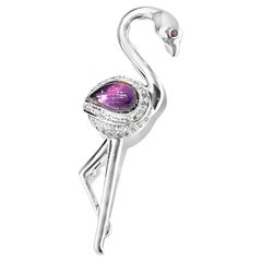 14k White Gold Sapphire and Amethyst Diamond Flamingo Brooch