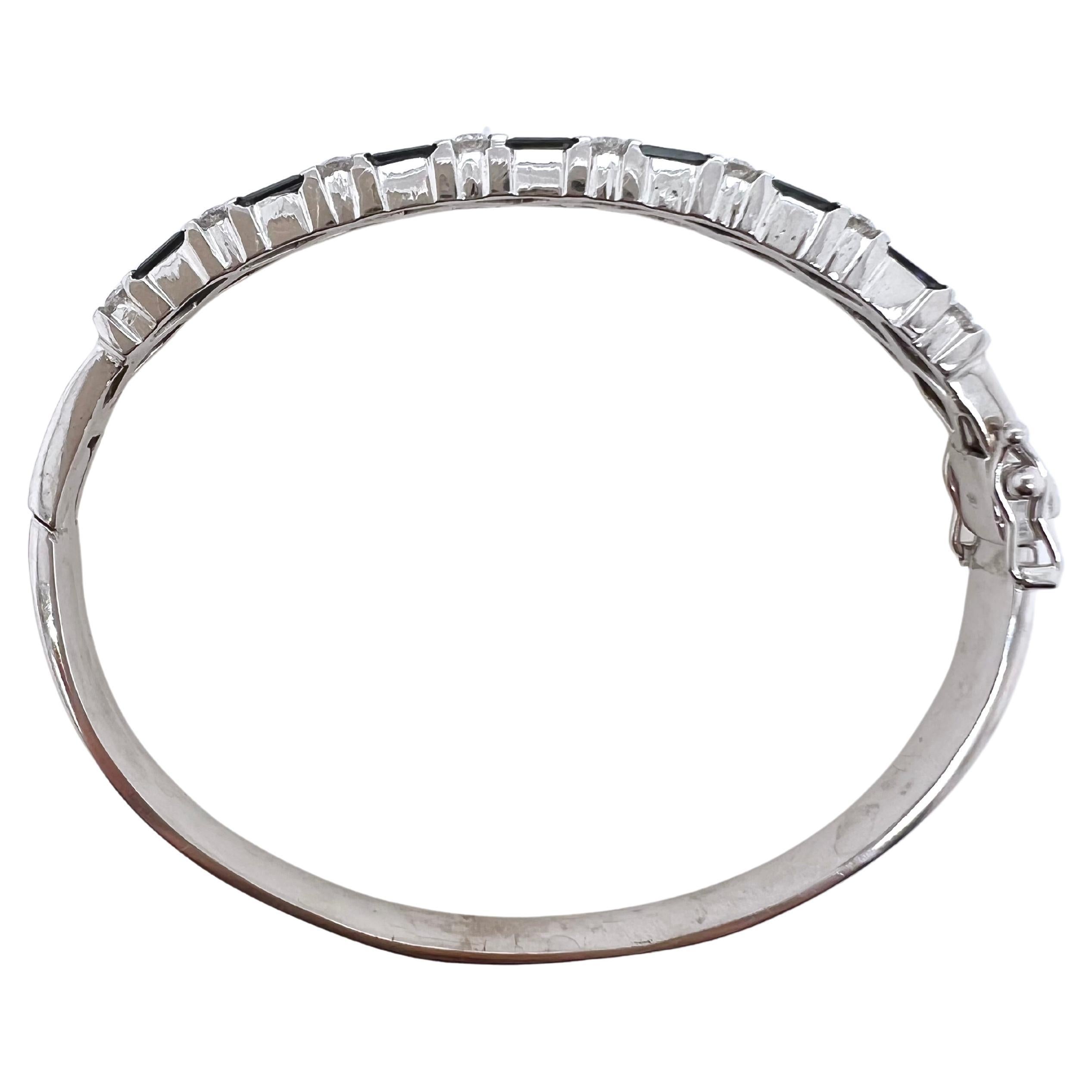 Baguette Cut 14k White Gold Sapphire and Diamond Bangle For Sale
