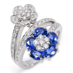 14k White Gold Sapphire and Diamond Bypass Flower Ring