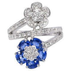 14k White Gold Sapphire and Diamond Bypass Flower Ring