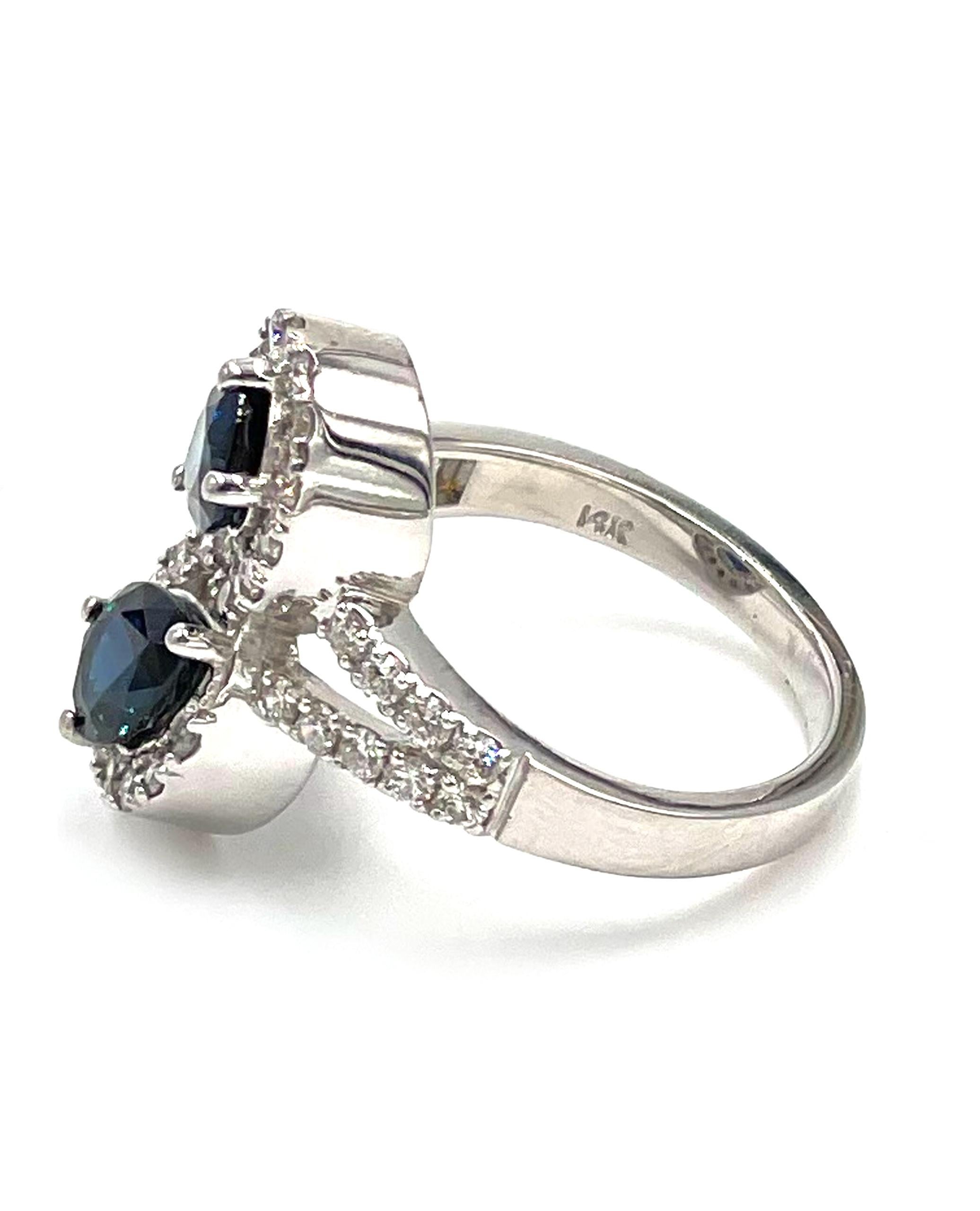 Contemporary 14K White Gold Sapphire and Diamond Bypass Ring For Sale