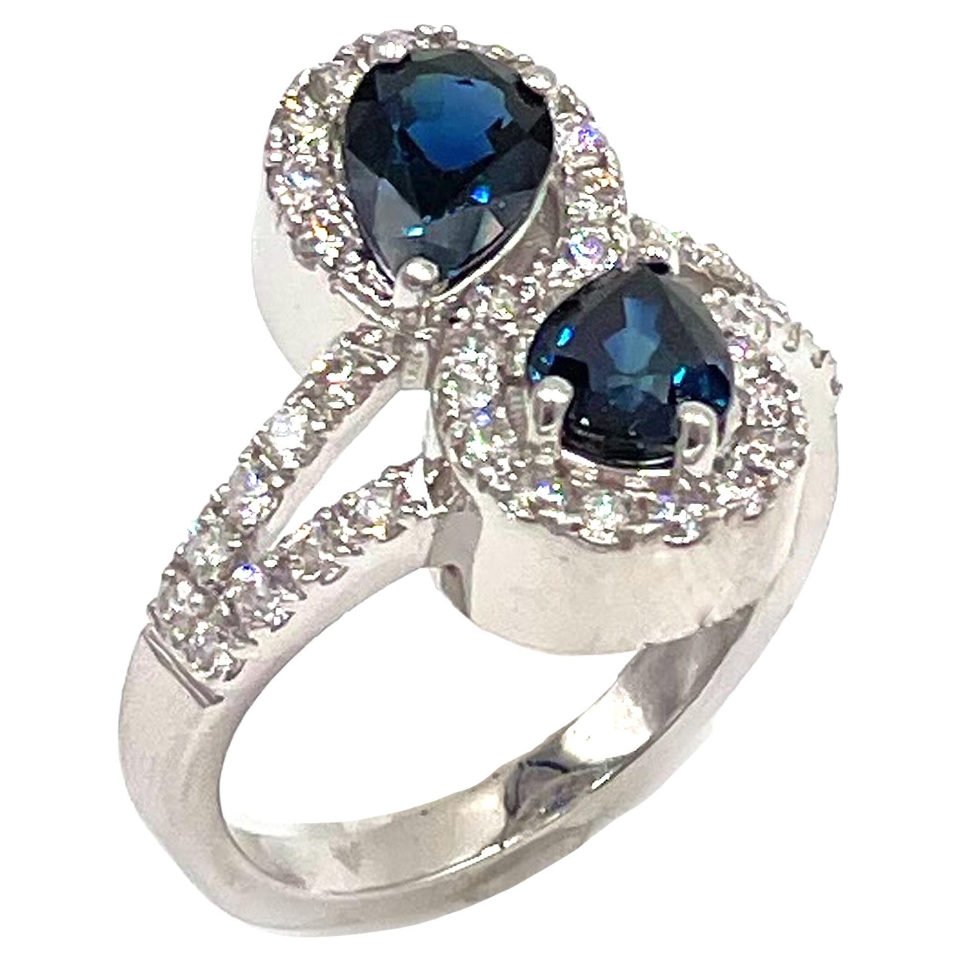 14K White Gold Sapphire and Diamond Bypass Ring For Sale