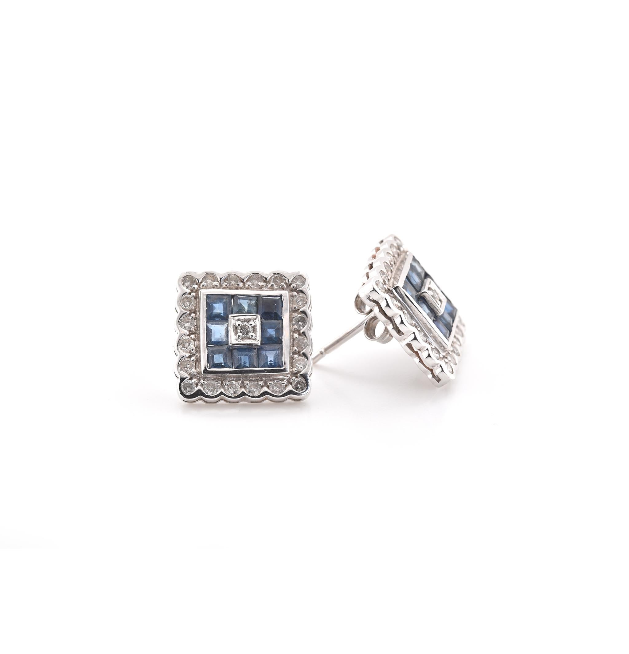 Designer: custom
Material: 14k white gold
Sapphire: 16 princess cut sapphires
Diamonds: 40 round brilliant cuts = 0.50cttw
Dimensions: earrings measure 12.85mm x 13.05mm
Fastenings: post width friction back
Weight: 4.38 grams
