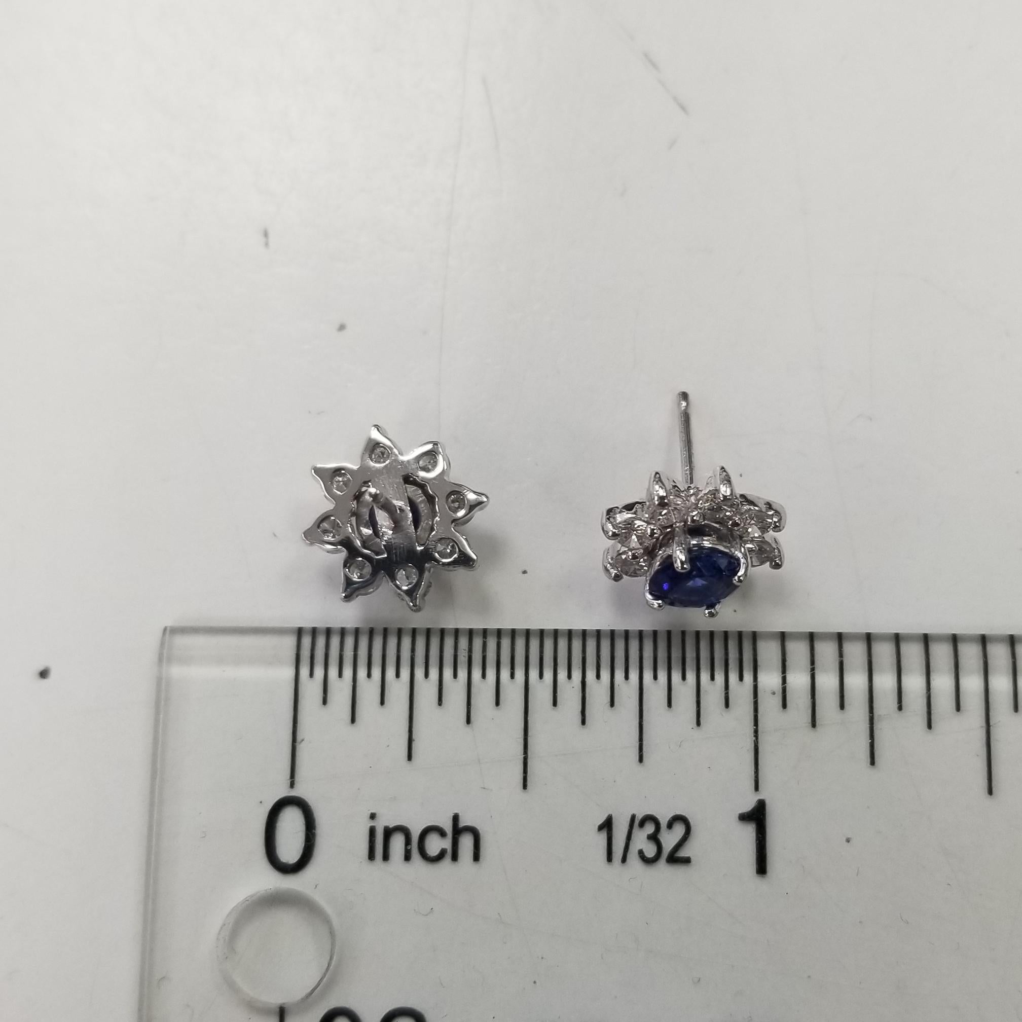 Round Cut 14k White Gold Sapphire and Diamond Cluster Earrings For Sale