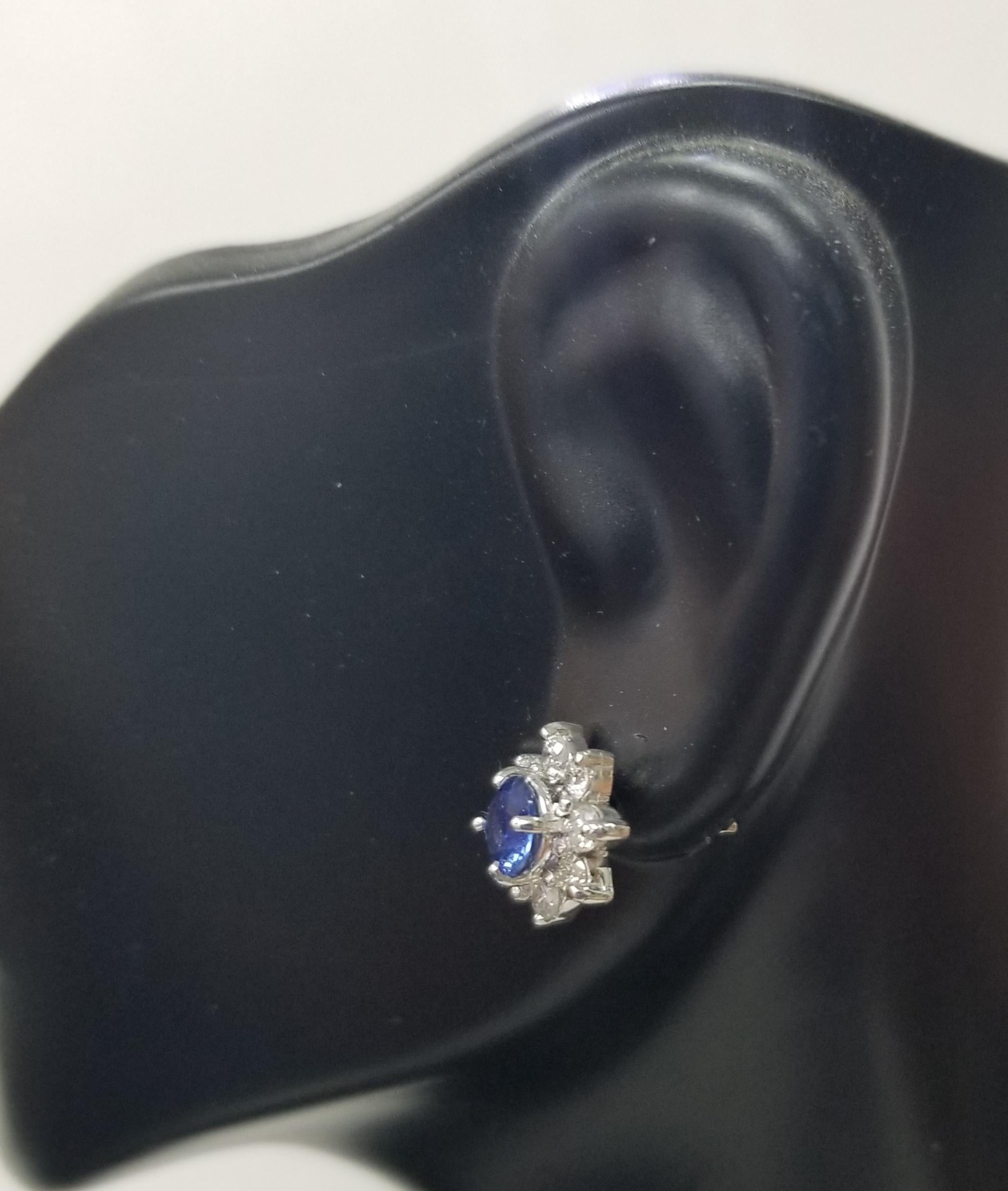 Women's or Men's 14k White Gold Sapphire and Diamond Cluster Earrings For Sale