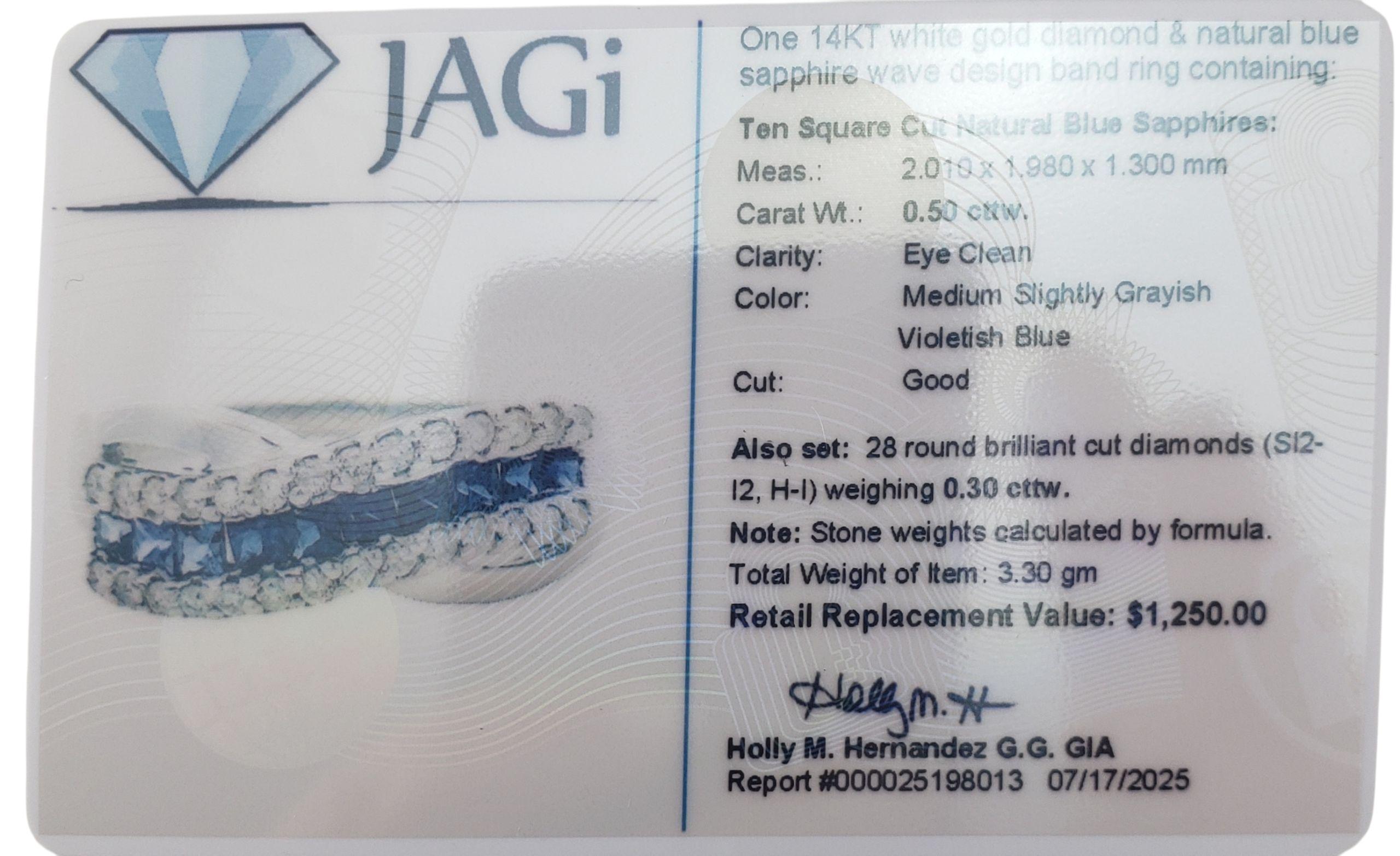 14K White Gold Sapphire and Diamond Crossover Ring Size 7 JAGi Certified #22655 For Sale 4