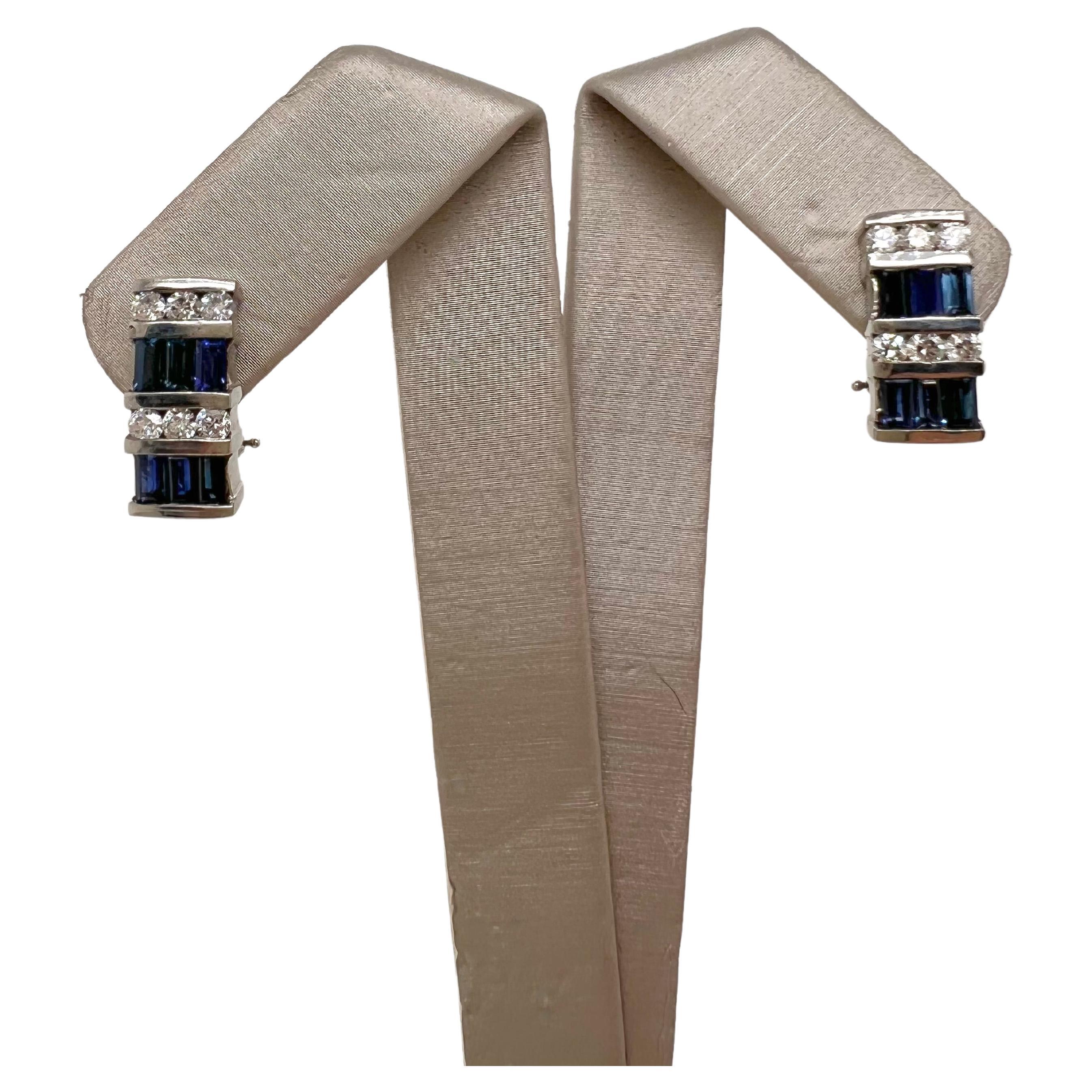 Baguette Cut 14k White Gold Sapphire and Diamond Earrings For Sale