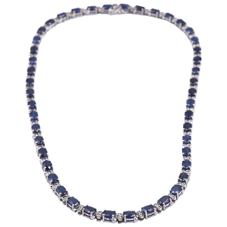 14 Karat White Gold Sapphire and Diamond Inline Tennis Necklace For