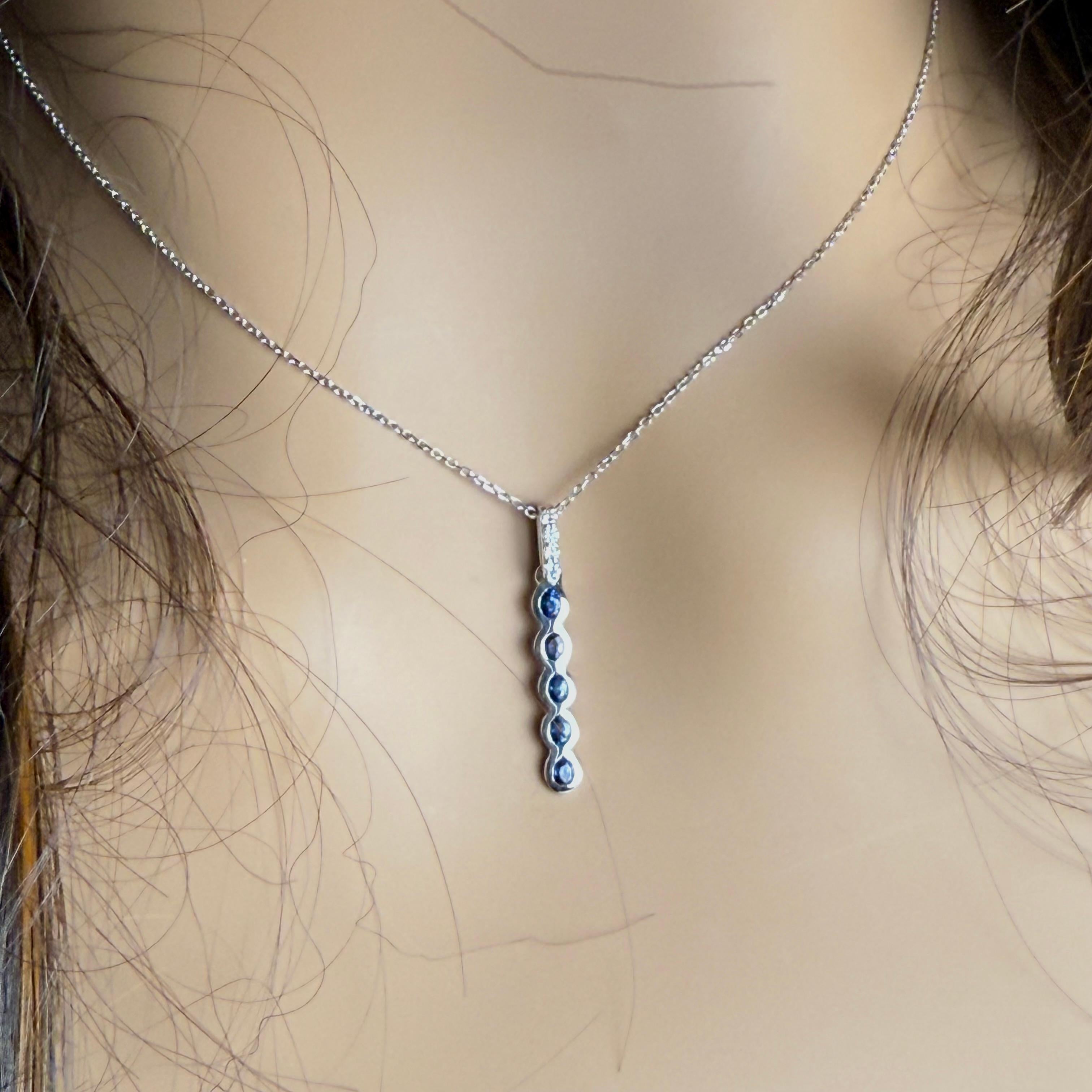 Oval Cut 14K White Gold Sapphire and Diamond Linear Drop Pendant Necklace For Sale