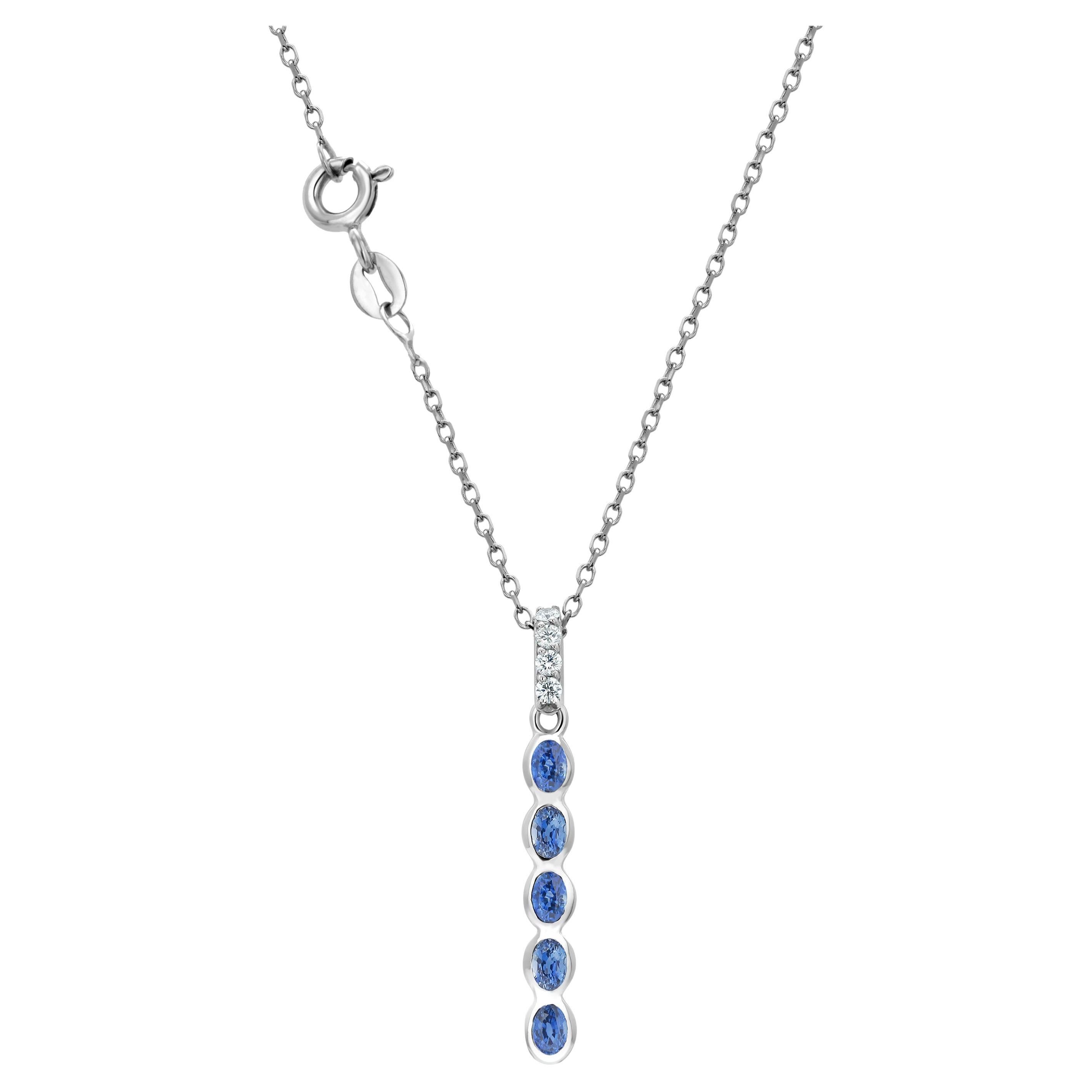 14K White Gold Sapphire and Diamond Linear Drop Pendant Necklace