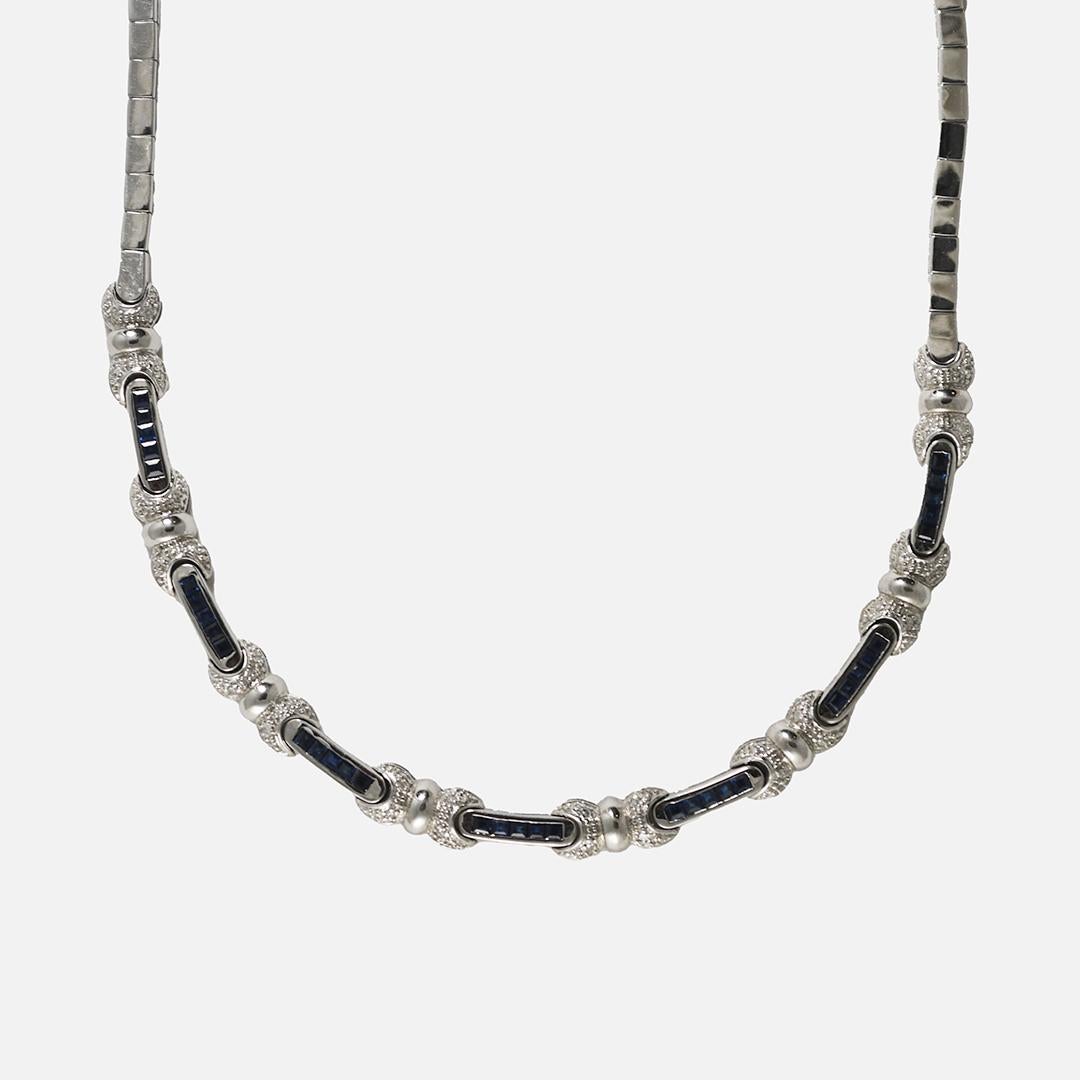Square Cut 14K White Gold Sapphire and Diamond Necklace For Sale