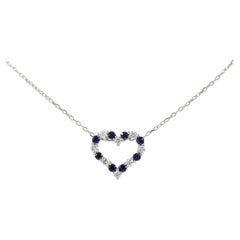14K White Gold Sapphire and Diamond Open Heart Pendant Necklace