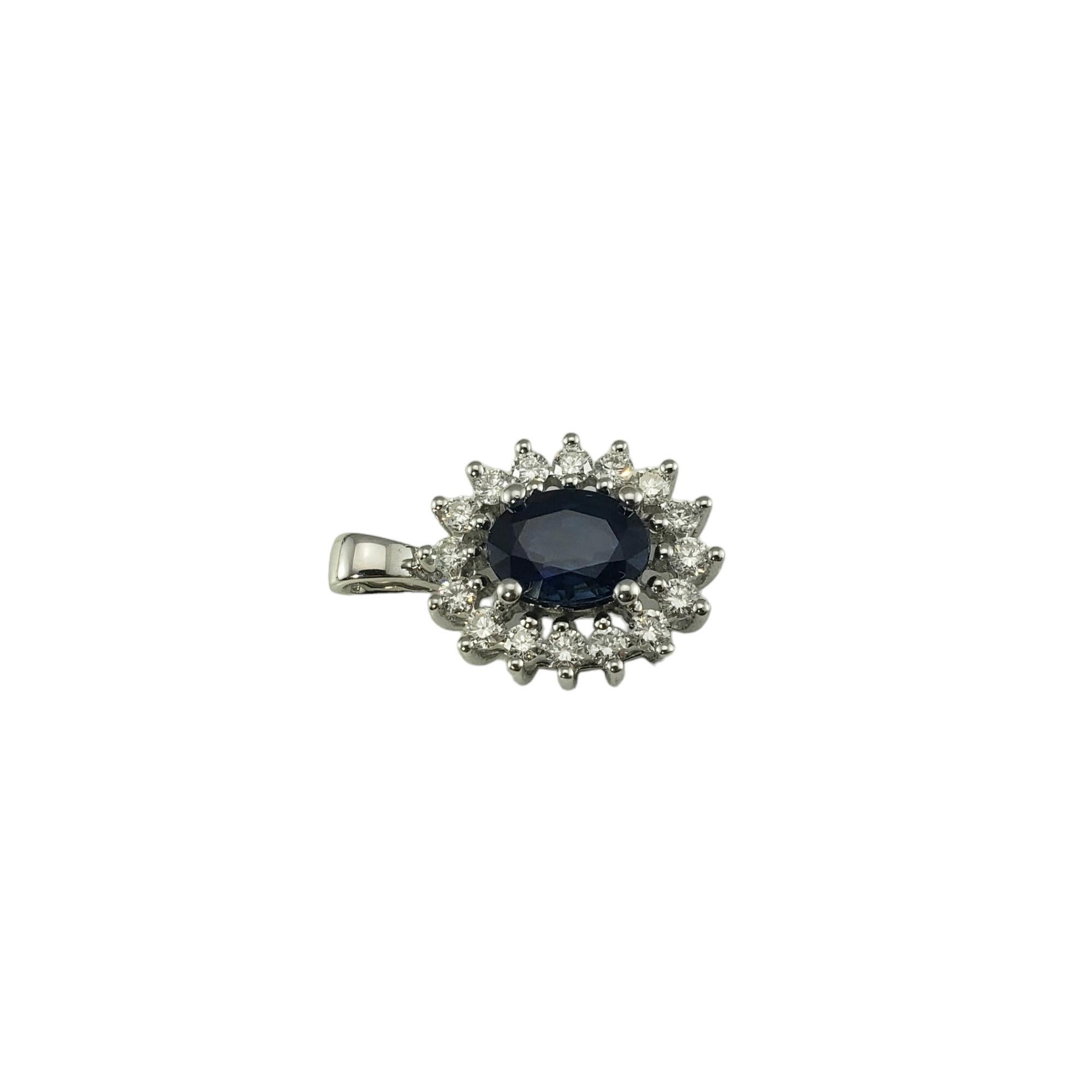 Vintage 14K White Gold Sapphire and Diamond Pendant Certified-

This stunning pendant features one oval sapphire (8 mm x 6 mm) and 16 round brilliant cut diamonds set in classic 14K white gold. 

Sapphire weight: 1.61 ct.

Total diamond weight: .50