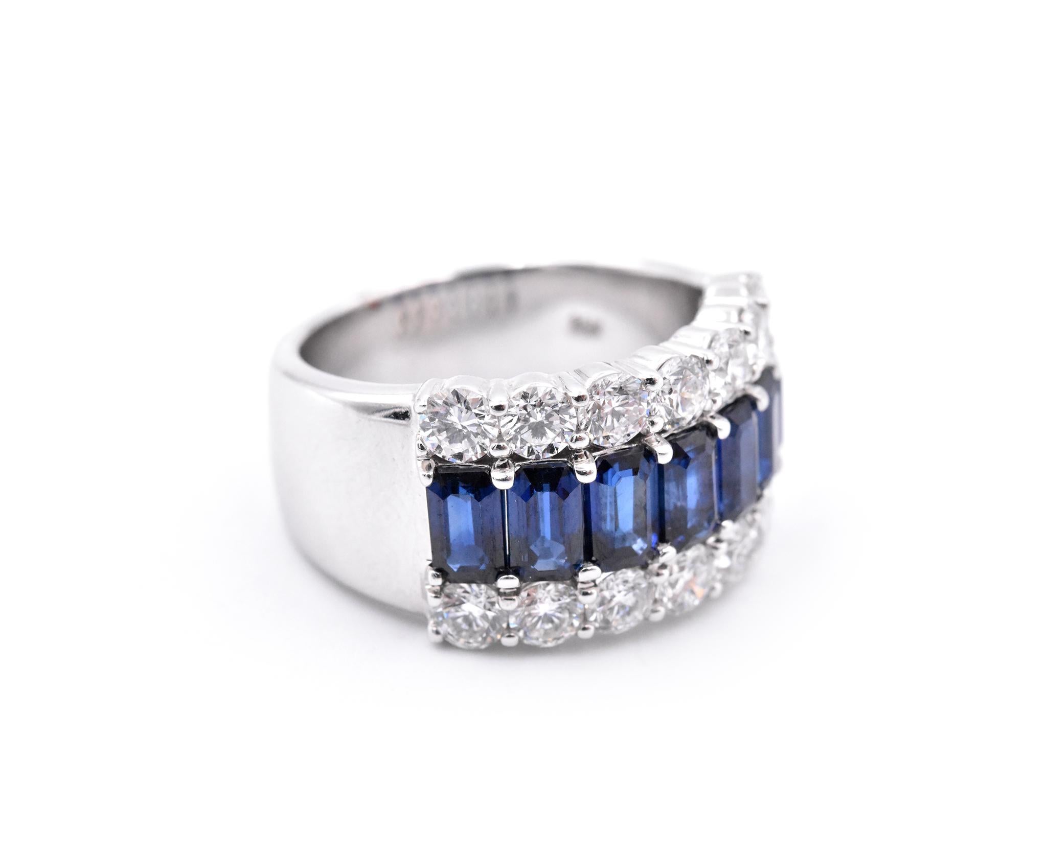 Material: 14k white gold
Sapphire: 7 emerald cut sapphires= 2.50cttw
Diamonds:  14 round brilliant cut= 1.50cttw
Color: G-H
Clarity: VS2-SI1
Ring Size: 6 (please allow two additional shipping days for sizing requests)
Dimensions: ring top measures