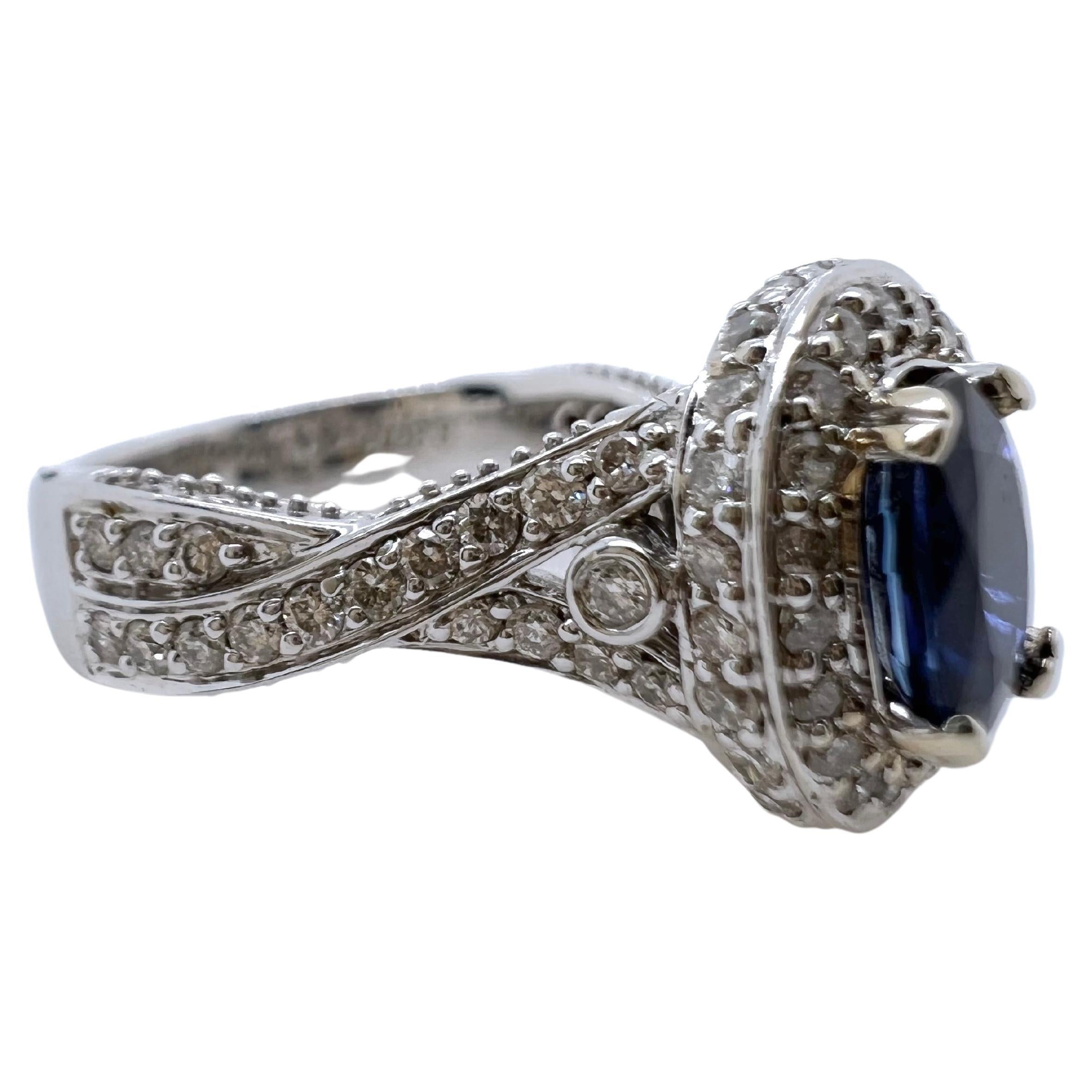 Oval Cut 14k White Gold Sapphire and Diamond Ring For Sale