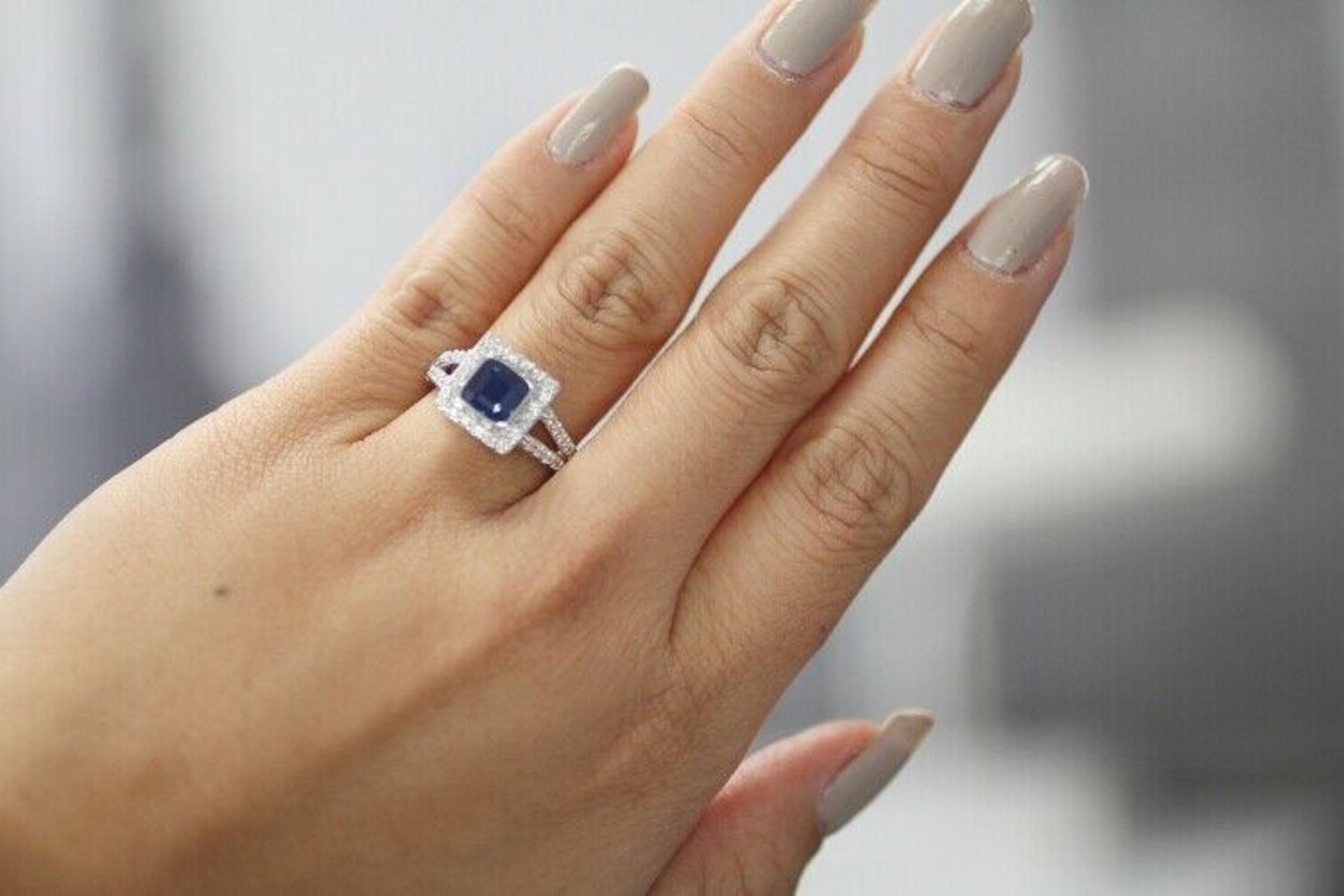Asscher Cut 14 Karat White Gold Sapphire and Diamond Ring