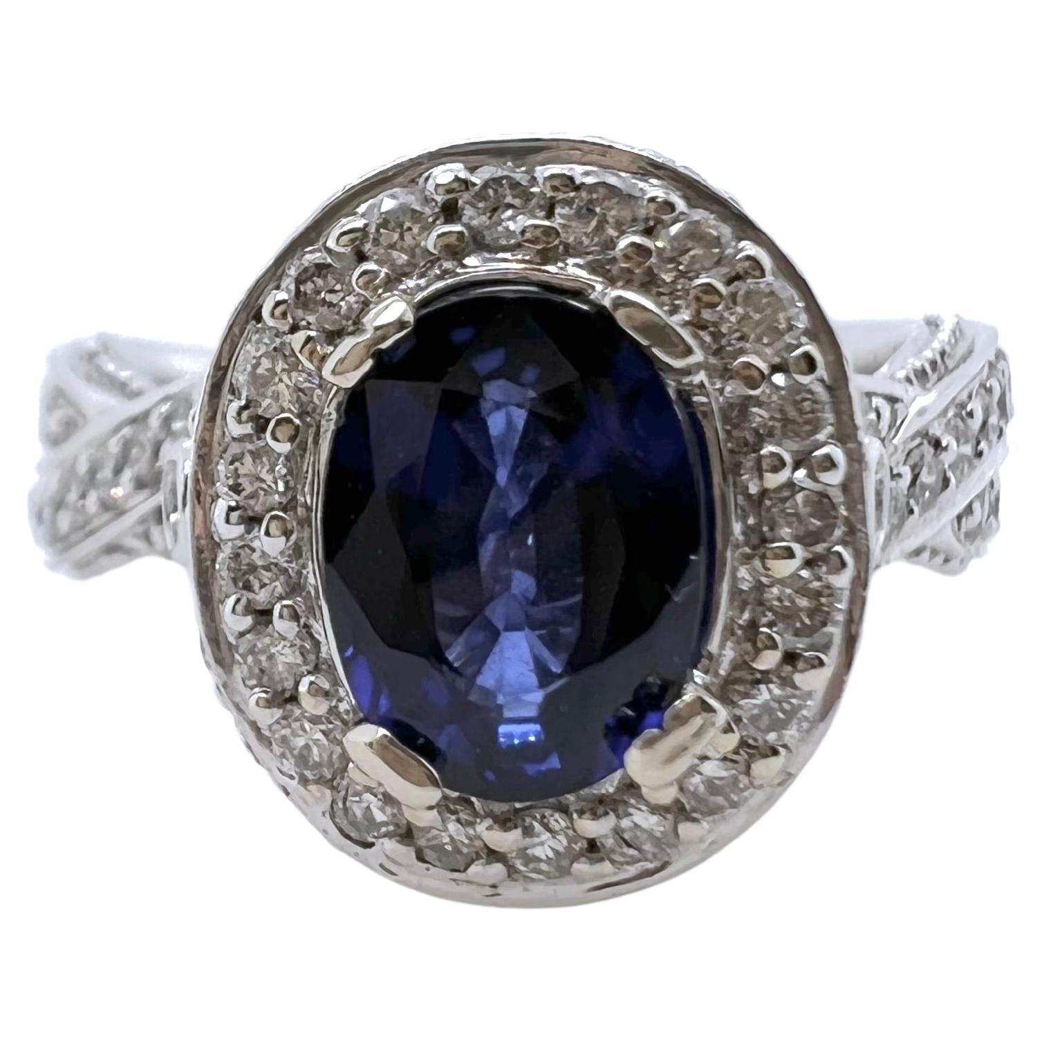 14k White Gold Sapphire and Diamond Ring For Sale