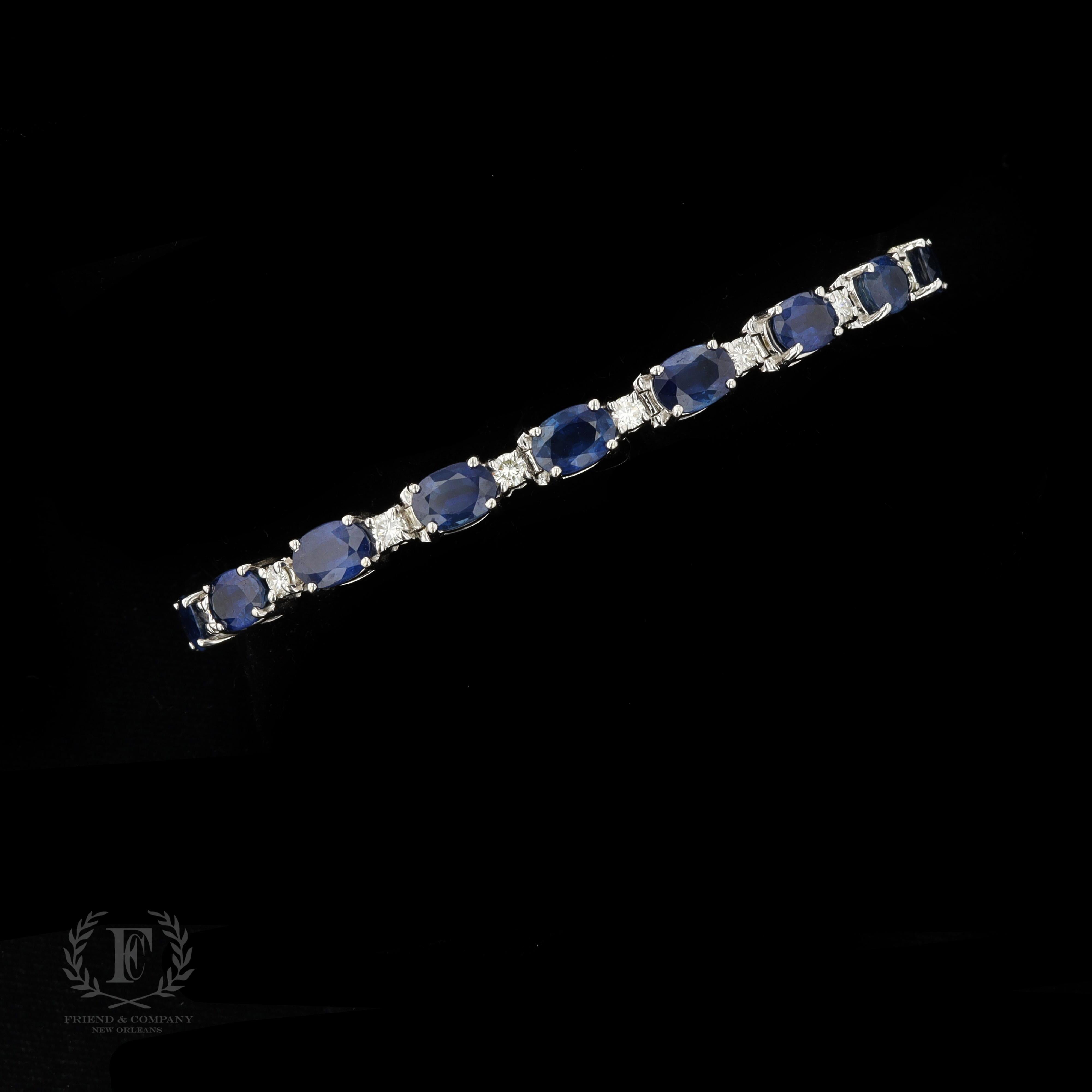 Romantic 14k White Gold, Sapphire, and Diamond Tennis Bracelet For Sale