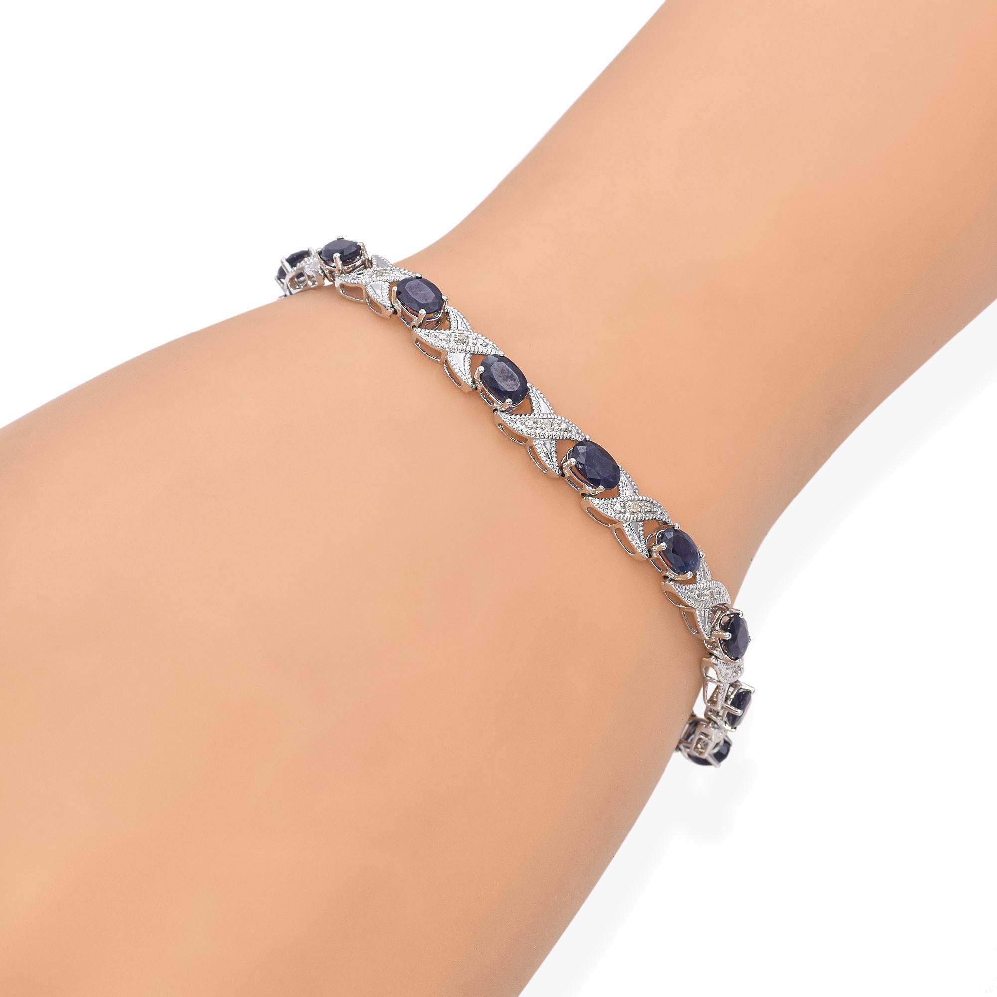 Pulsera Tenis Zafiro y Diamantes Oro Blanco 14k Corte oval en venta