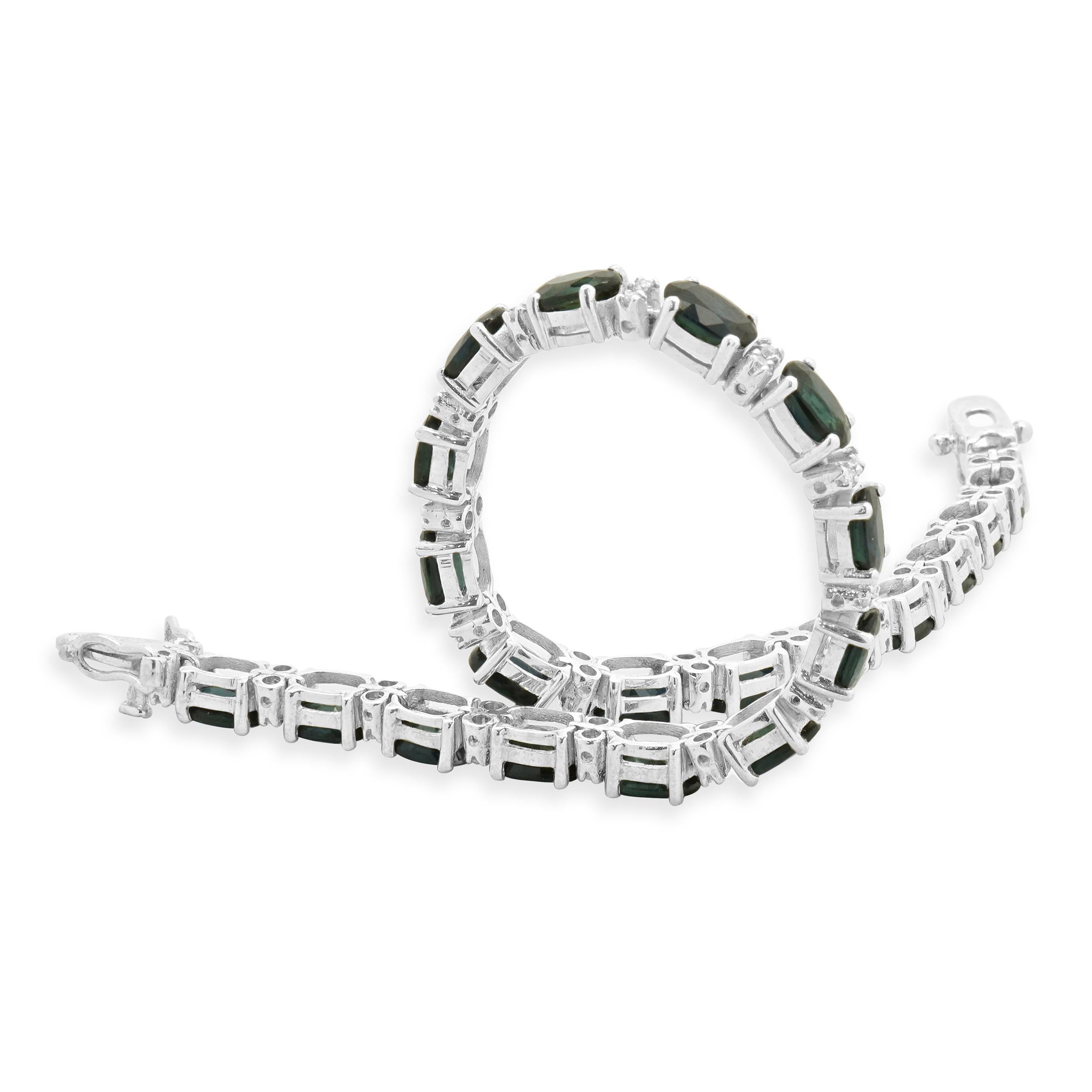 Oval Cut 14K White Gold Sapphire and Diamond Tennis Bracelet For Sale
