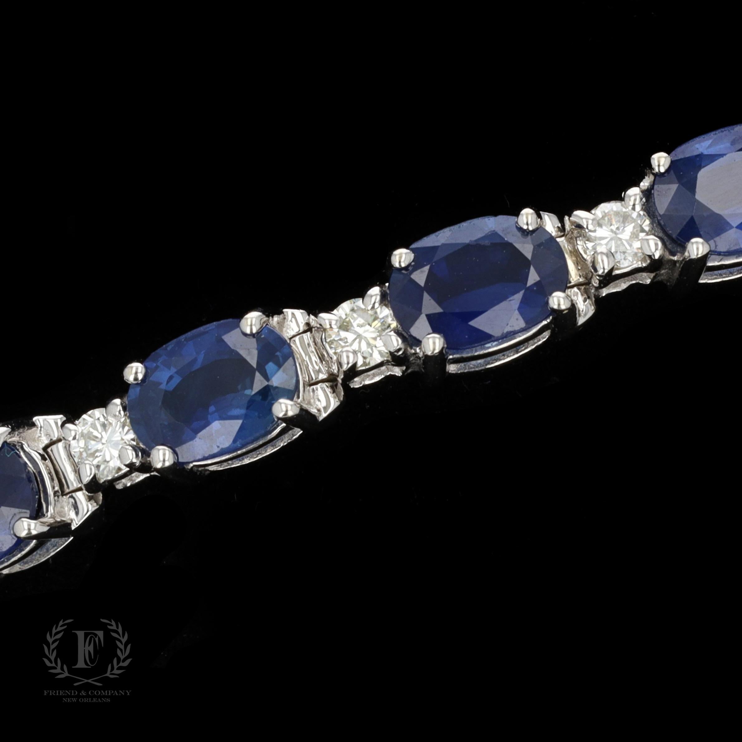 Taille ovale Bracelet tennis en or blanc 14 carats avec saphirs et diamants en vente