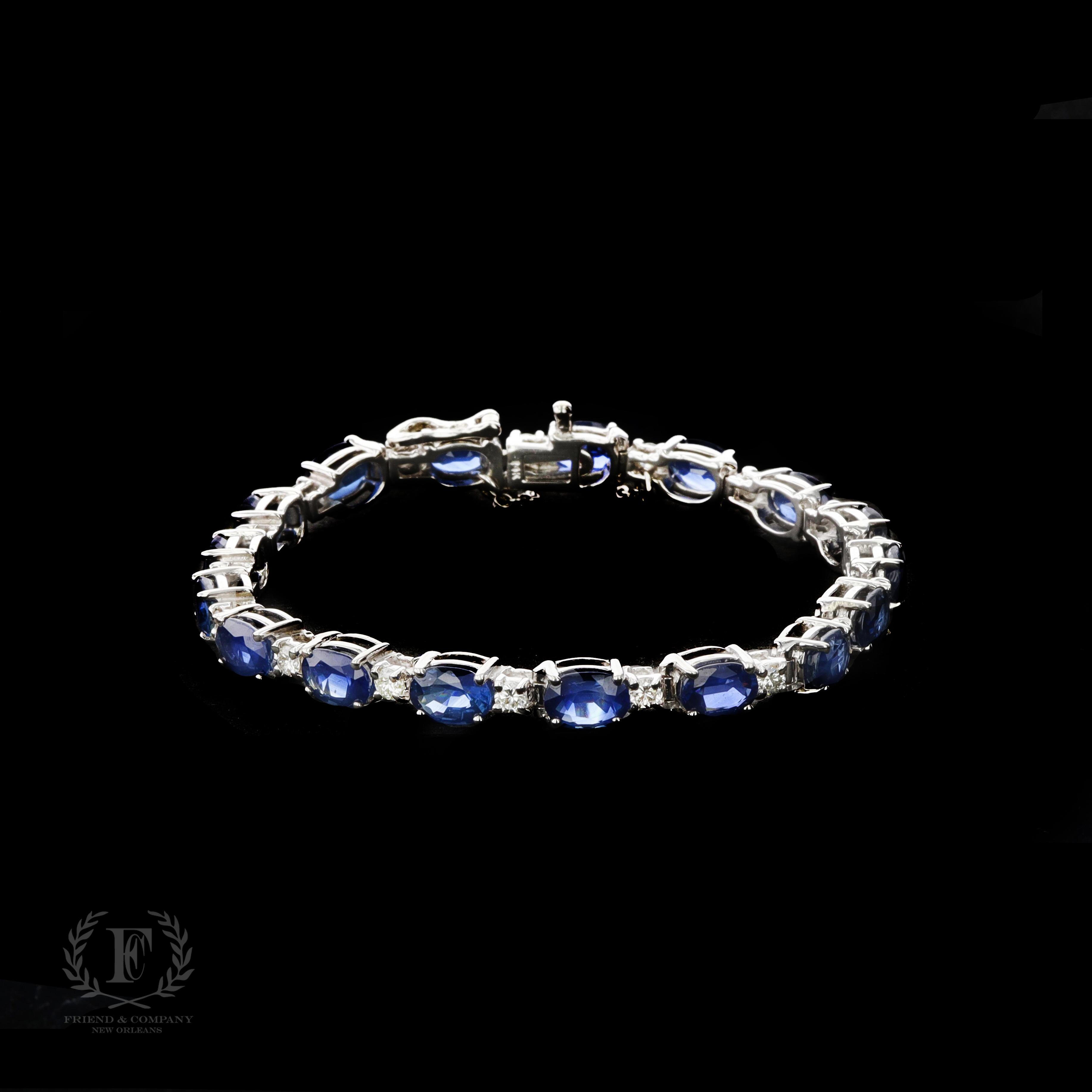 14k White Gold, Sapphire, and Diamond Tennis Bracelet In Excellent Condition For Sale In NEW ORLEANS, LA