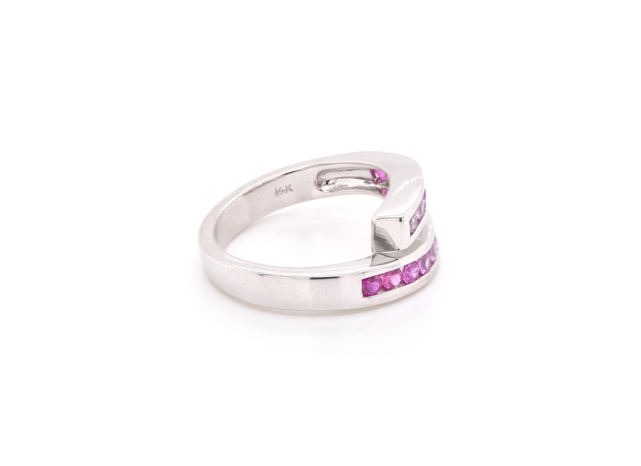 Material: 14k white gold
Gemstone: pink to red sapphires and rubies
Ring Size: 7 (allow up to two additional business days for sizing requests)
Dimensions: ring measures 3.70mm in width
Weight: 6.1 grams
